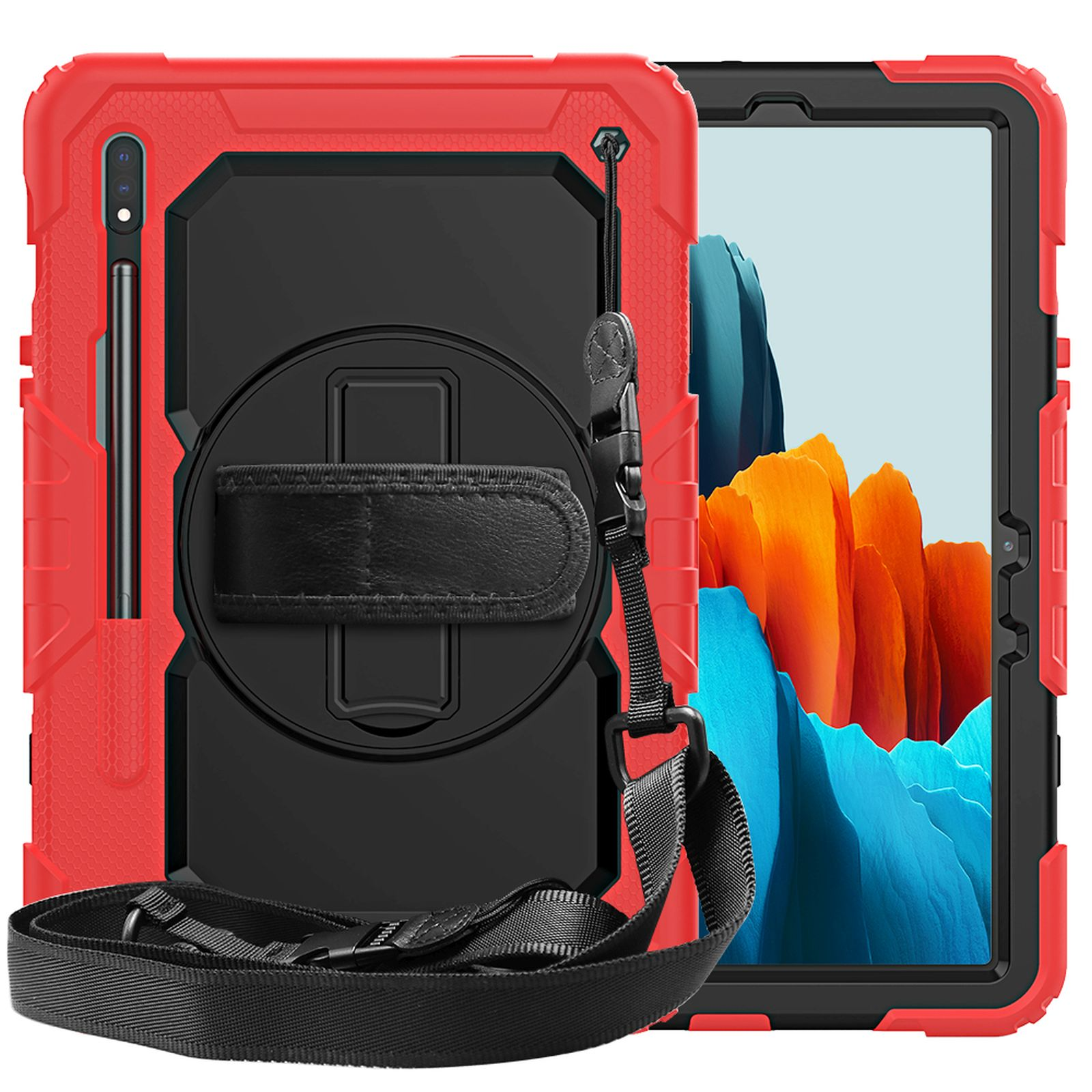 Tablet in roter und schwarzer Schutzhülle, mit Riemen und Eingabestift. Die Hülle ist offen.