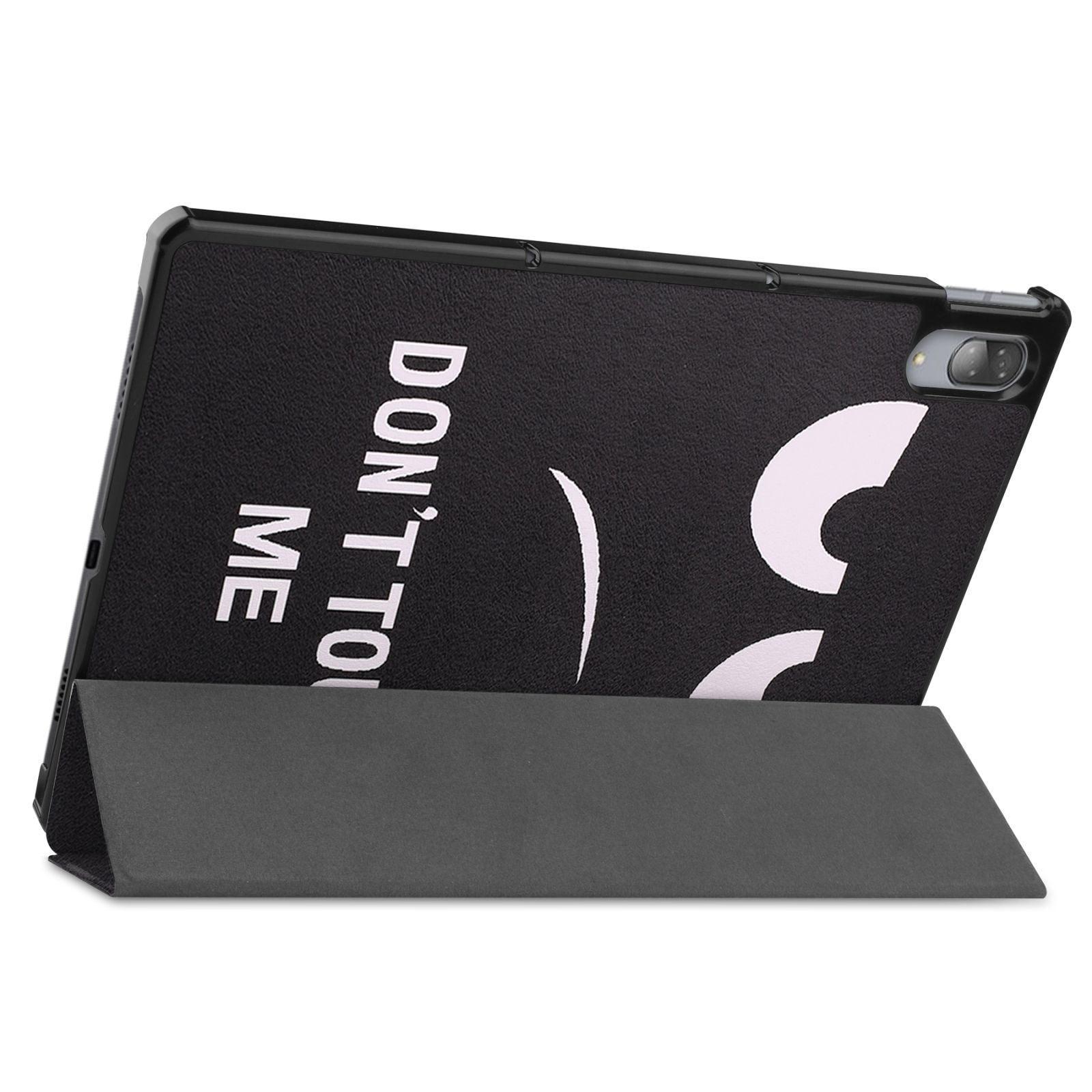 Schwarze Tablethülle mit den Worten 'DON'T TOUCH ME' und einem Smiley-Gesicht.