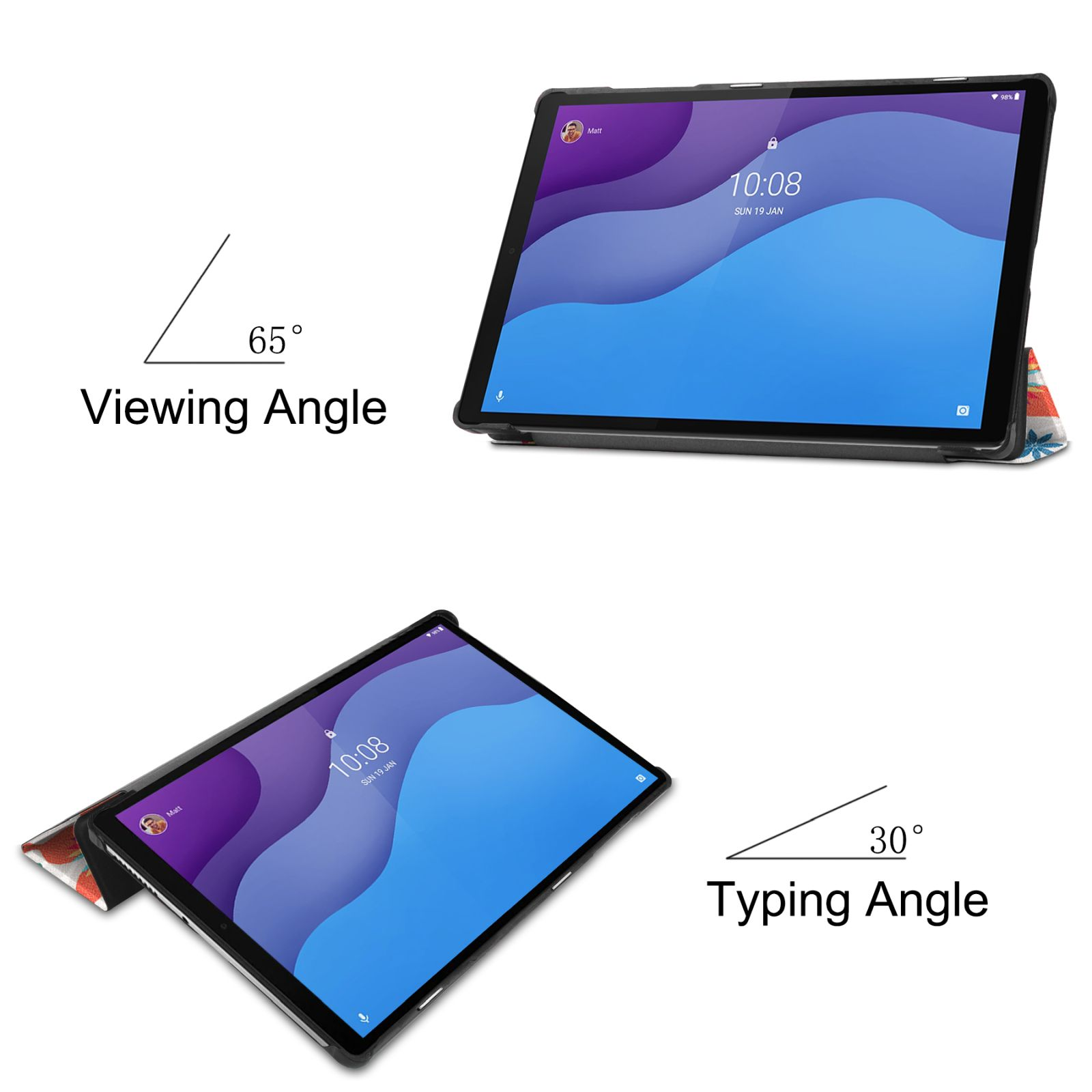 Tablet im Gehäuse, zwei Ansichten: 65 Grad Betrachtungswinkel und 30 Grad Tippwinkel.