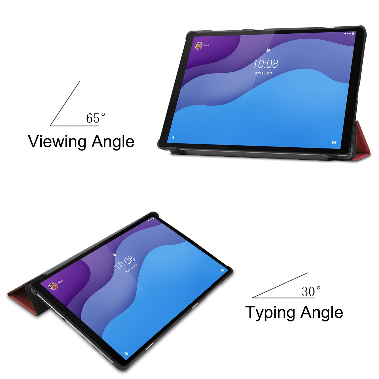 Tablet mit Hülle, für Betrachtung und Tippen angewinkelt. Text zeigt 65° Betrachtungs- und 30° Tippwinkel.