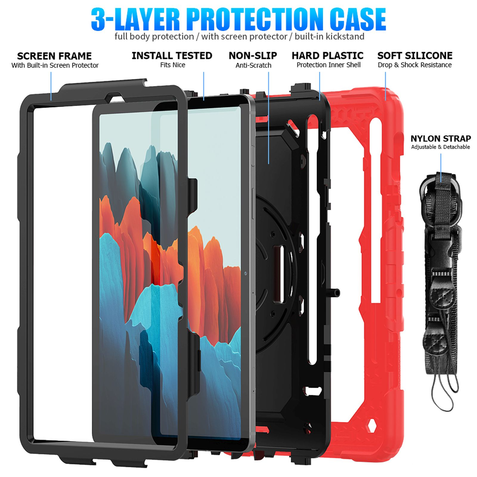 3-lagige Schutzhülle für ein Tablet. Zeigt Schichten und Schutzeigenschaften mit einem Riemen. Text sagt '3-LAYER PROTECTION CASE'.