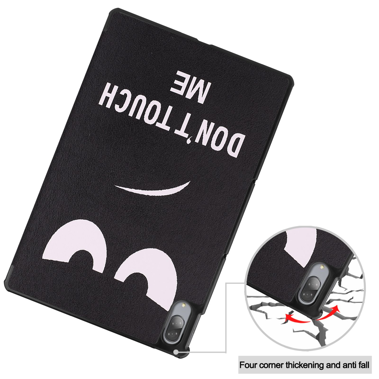 Eine schwarze Tablet-Hülle mit einem lächelnden Gesicht auf der Rückseite. Der Text lautet: „FASS MICH NICHT AN“. Die Hülle liegt auf einem Tisch.
