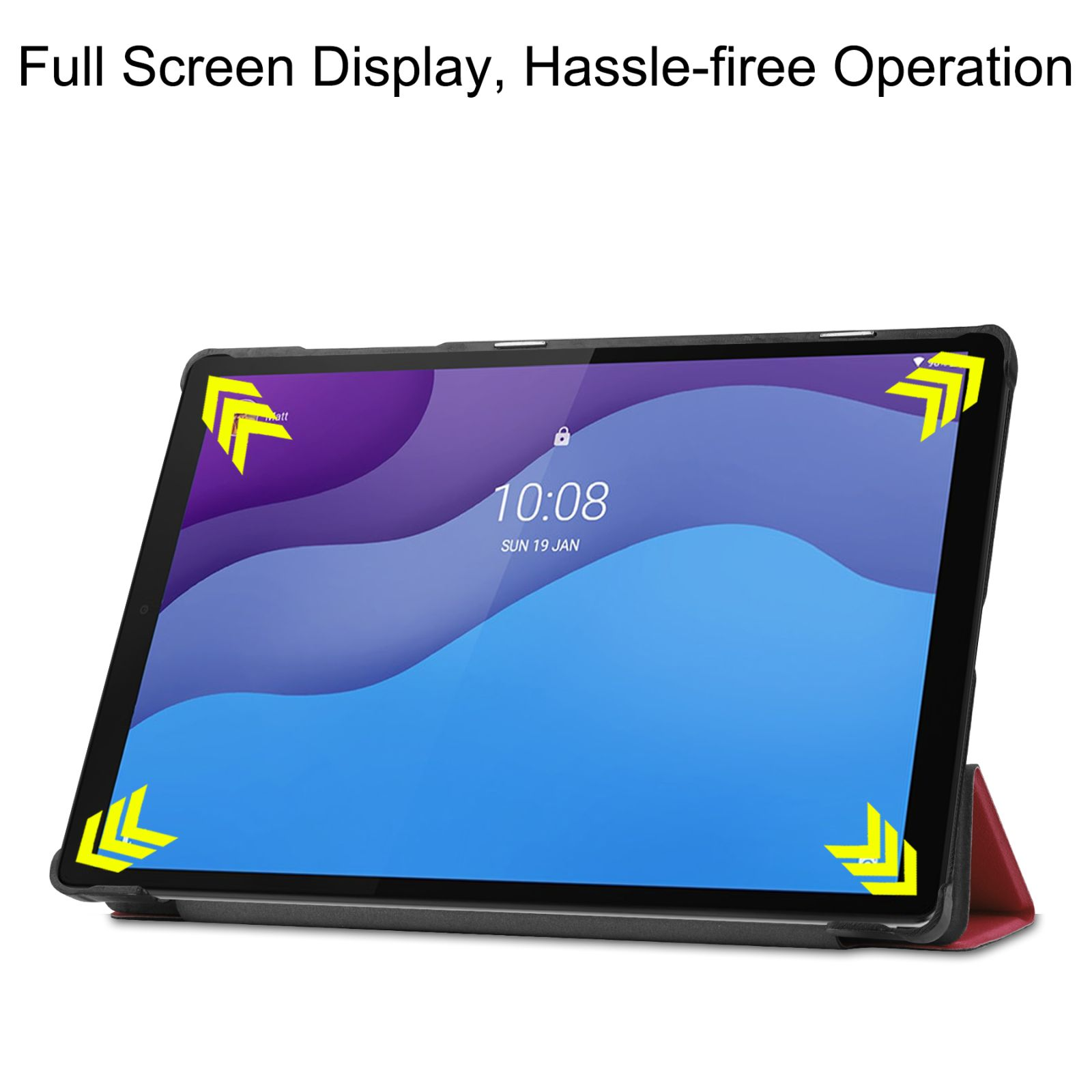 Tablet auf einem Ständer, zeigt einen Bildschirm mit blauem und lila Hintergrund. Text: Vollbildanzeige.