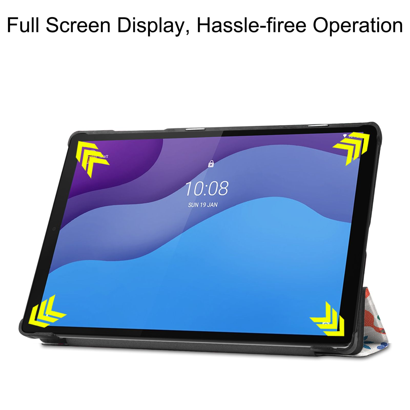 Tablet mit Vollbildanzeige. Text: Vollbildanzeige, problemlose Bedienung.