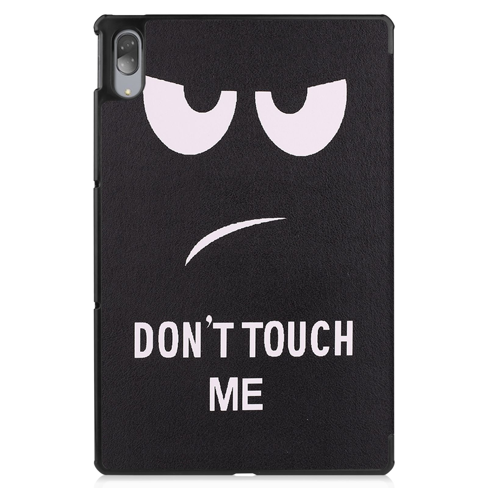 Schwarze Tablet-Hülle mit einem Cartoon-Gesicht, mit weißen Augen, einem gebogenen Stirnrunzeln und dem Text 'DON'T TOUCH ME'.