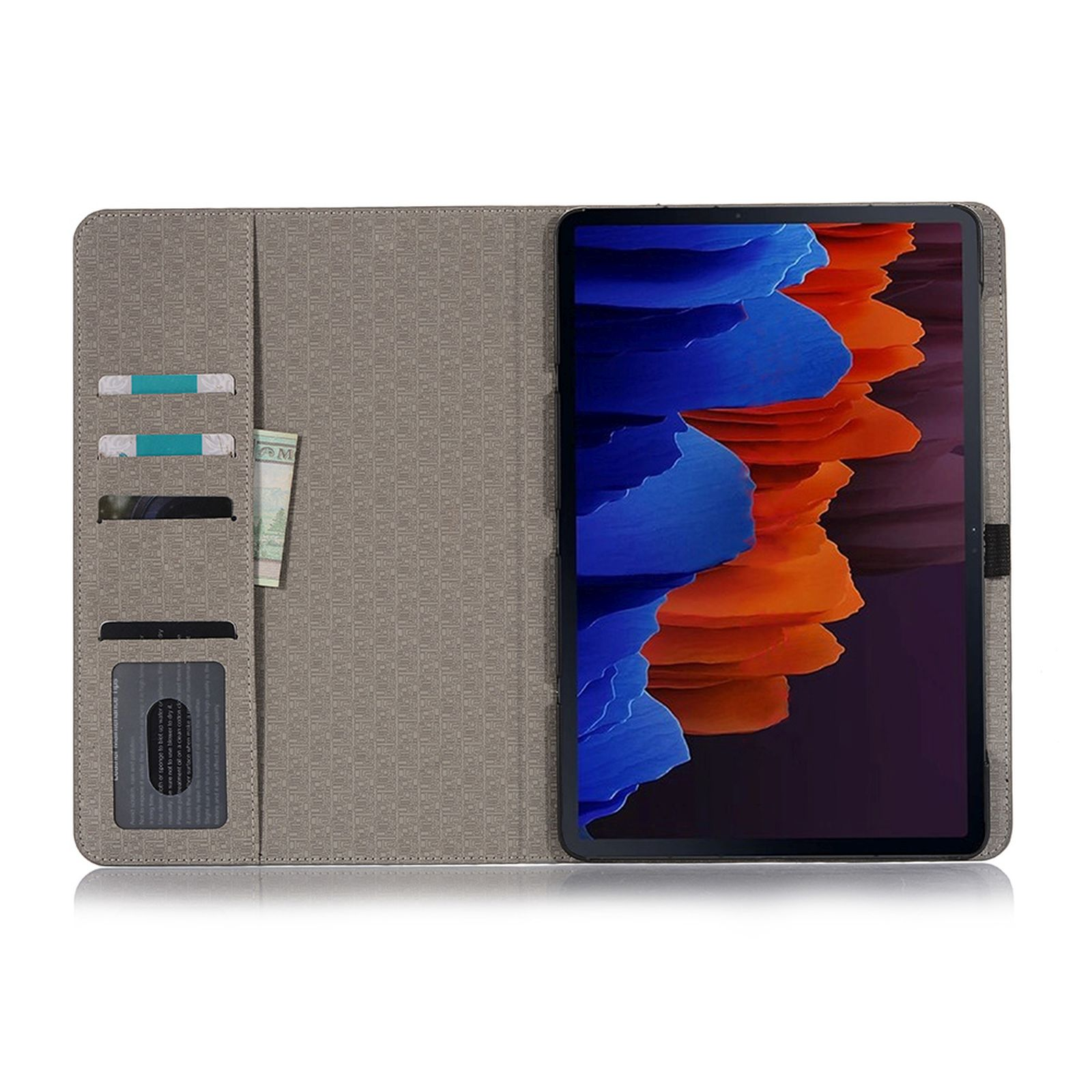 Tablethülle, offen, zeigt Karten und Geld links und ein Tablet rechts.