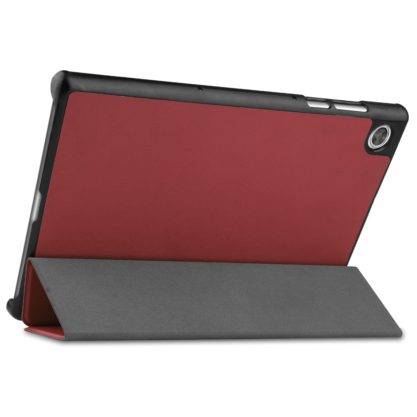 Tablet-Hülle, rot und schwarz, offen. Tablet innen. Auf weißem Hintergrund, Seitenansicht.
