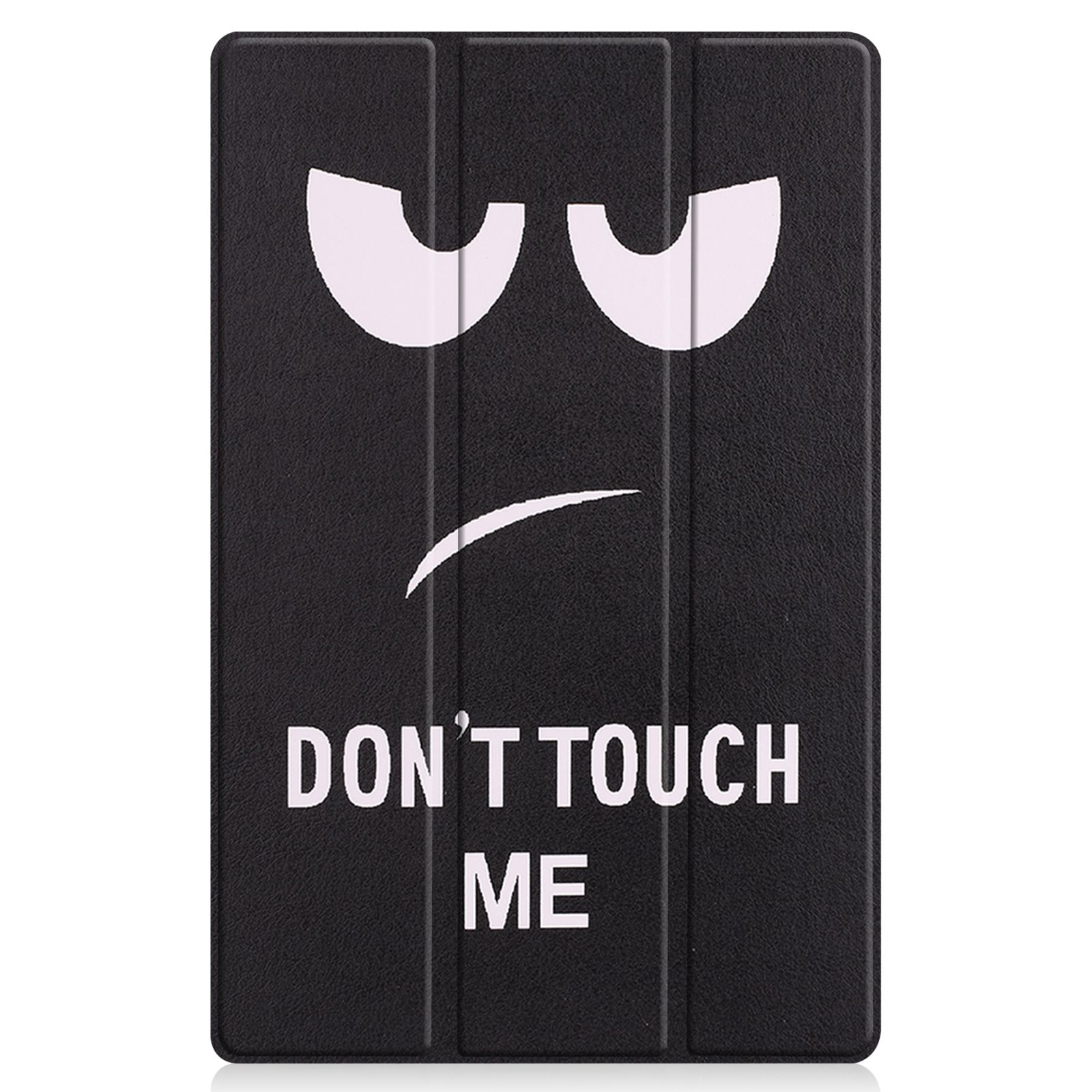 Schwarze Tablet-Hülle mit wütendem Gesichtsdesign. Weiße Augen und ein Stirnrunzeln, mit Text.