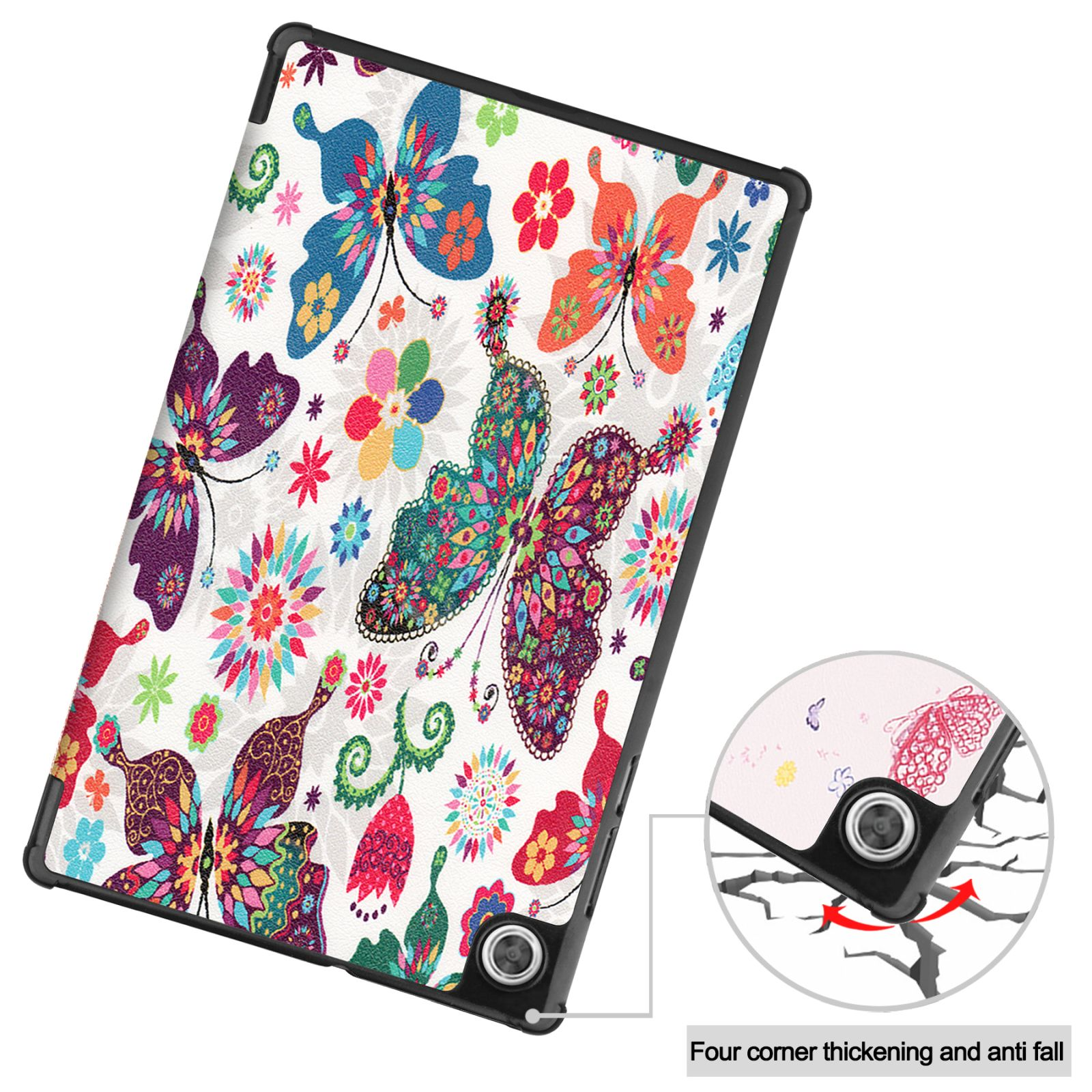 Tablet-Hülle mit bunten Schmetterlingen und Blumen auf weißem Grund. Schwarzer Rahmen, Eckdetail.