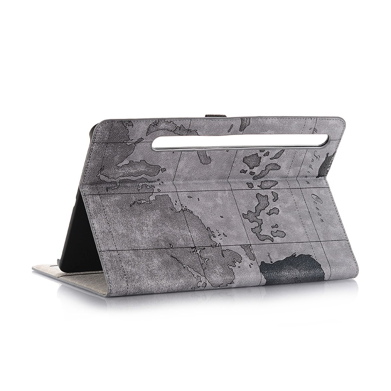 Geöffnete Tablethülle mit Weltkartendesign. Die Hülle ist grau.