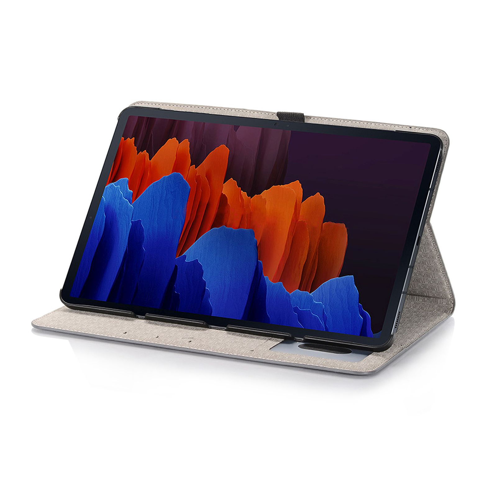 Tablet in grauem Etui, Bildschirm zeigt blaue und orange abstrakte Kunst. Hülle ist offen auf weißem Hintergrund.