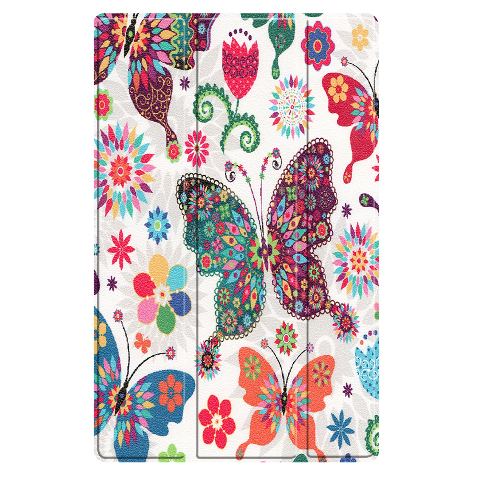 Tablethülle mit einem bunten Schmetterlingsmuster. Sie zeigt Schmetterlinge und florale Elemente.