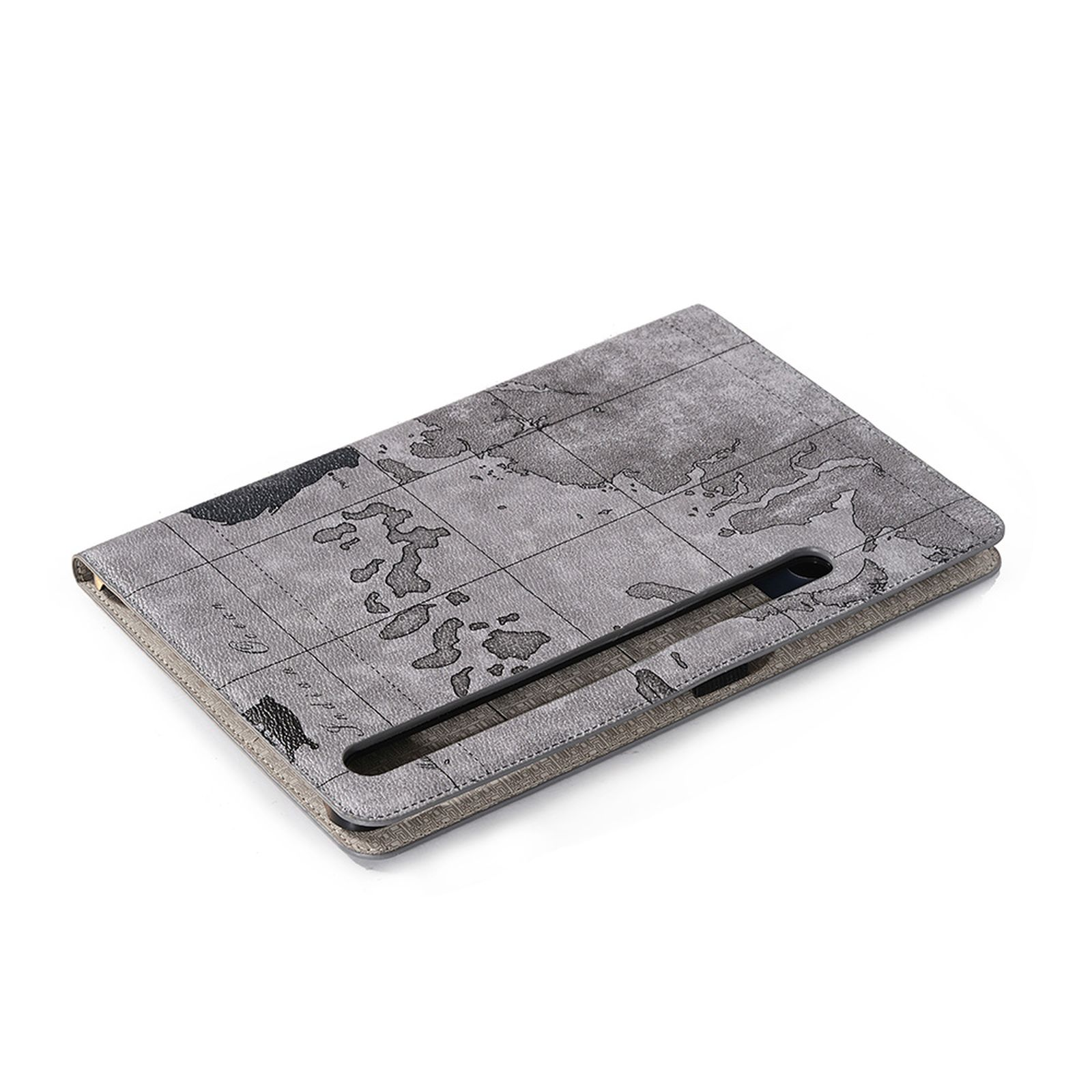 Eine Tablethülle mit Weltkartendesign. Die Hülle ist geöffnet und zeigt ein Tablet im Inneren.