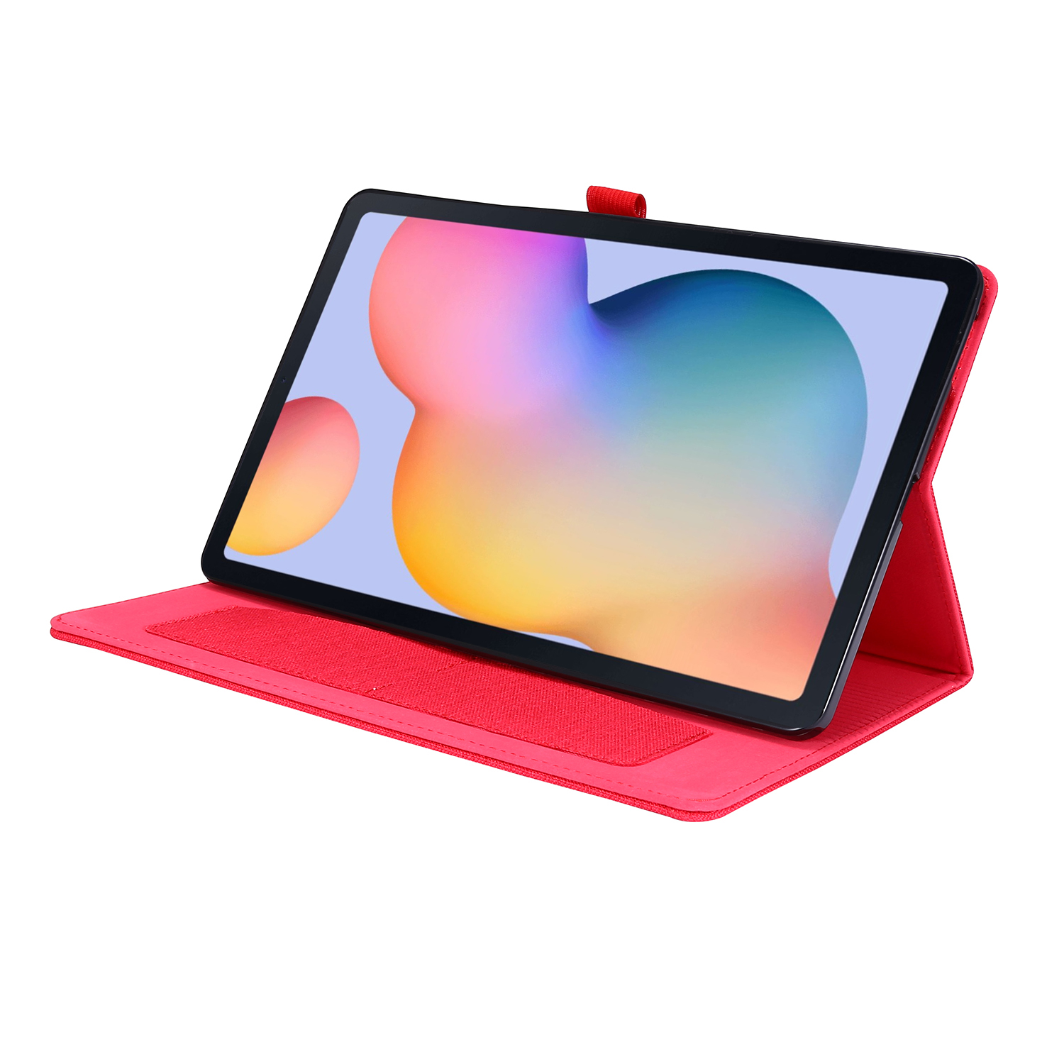 Eine rote Tablethülle mit einem Tablet darin. Das Tablet ist angewinkelt und zeigt einen farbenfrohen Bildschirm.