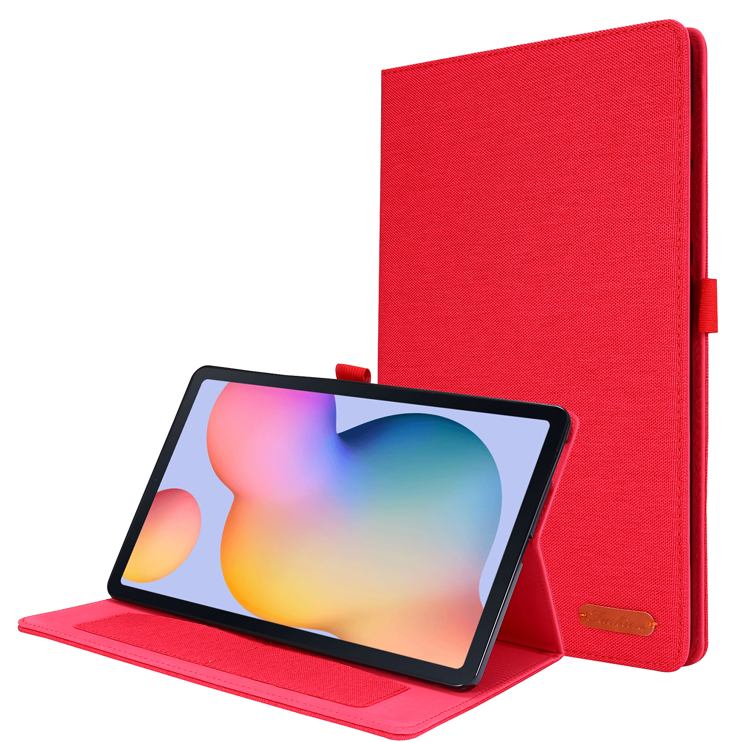 Ein rotes Tablet mit Hülle, aufrecht stehend, mit geöffneter roter Abdeckung.