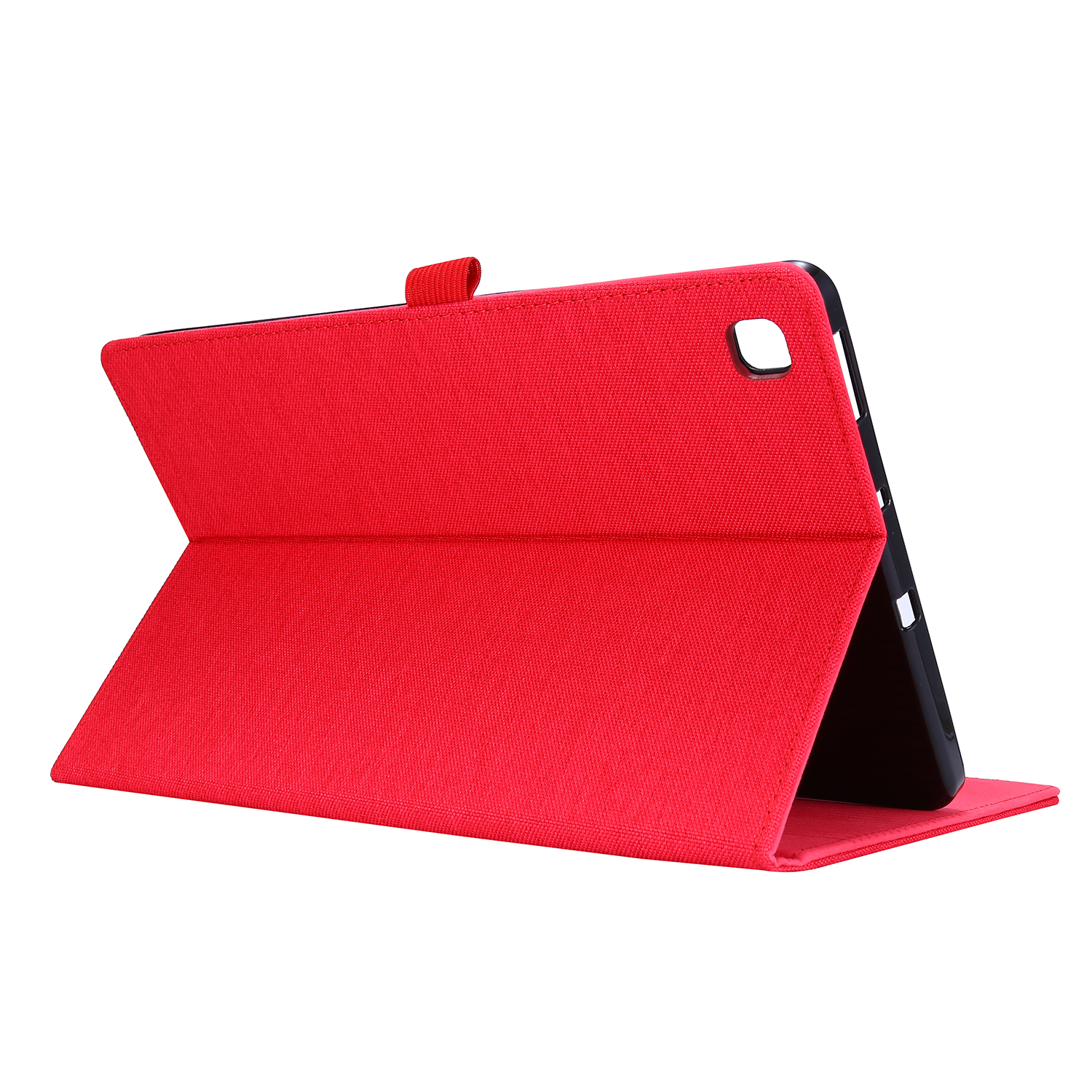 Rote Tablethülle offen. Schwarzes Tablet innen. Weißer Hintergrund.