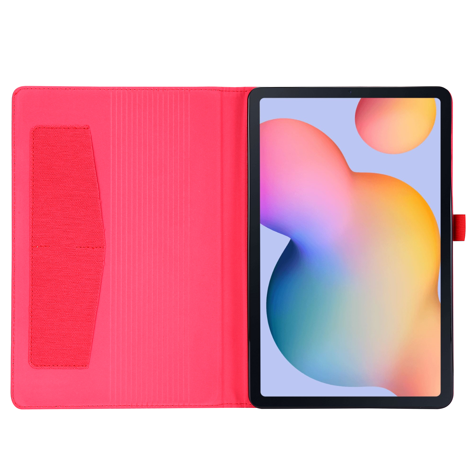 Tablet in einer rosa Hülle, geöffnet, um den Bildschirm anzuzeigen. Der Bildschirm zeigt bunte Formen.