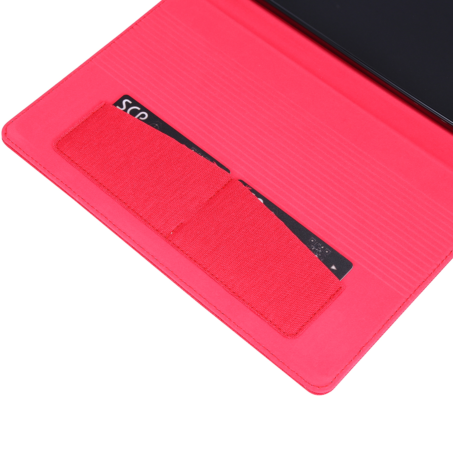 Eine rosa Tablethülle mit Kreditkartenfach und einer Lasche zur Sicherung des Tablets.