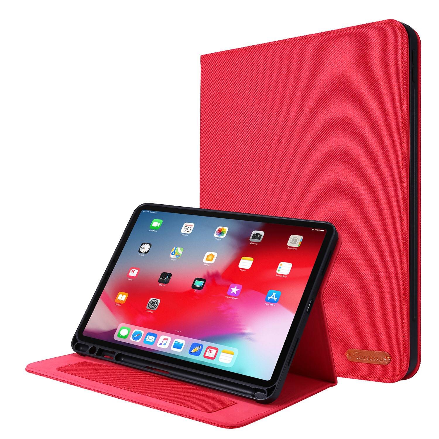 Eine rote Tablet-Hülle mit Tablet im Inneren. Der Tablet-Bildschirm zeigt Apps. Die Hülle hat einen Ständer.