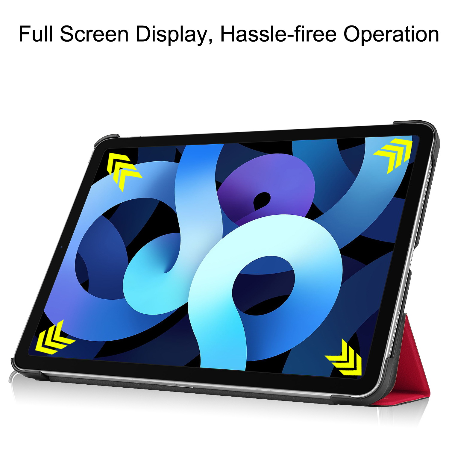 Tablet in einer Hülle mit roter Abdeckung und einem Bildschirm, der ein blau-weißes Bild zeigt.