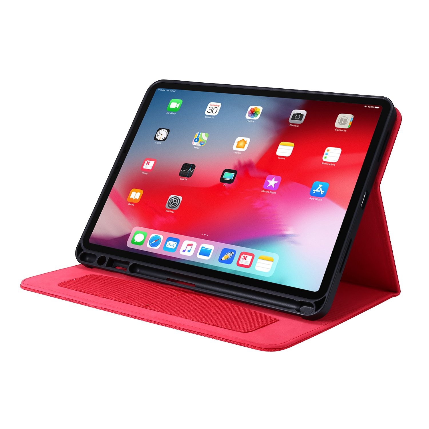 Ein iPad in einem roten Case mit Stift. Der Bildschirm zeigt Symbole und Apps.