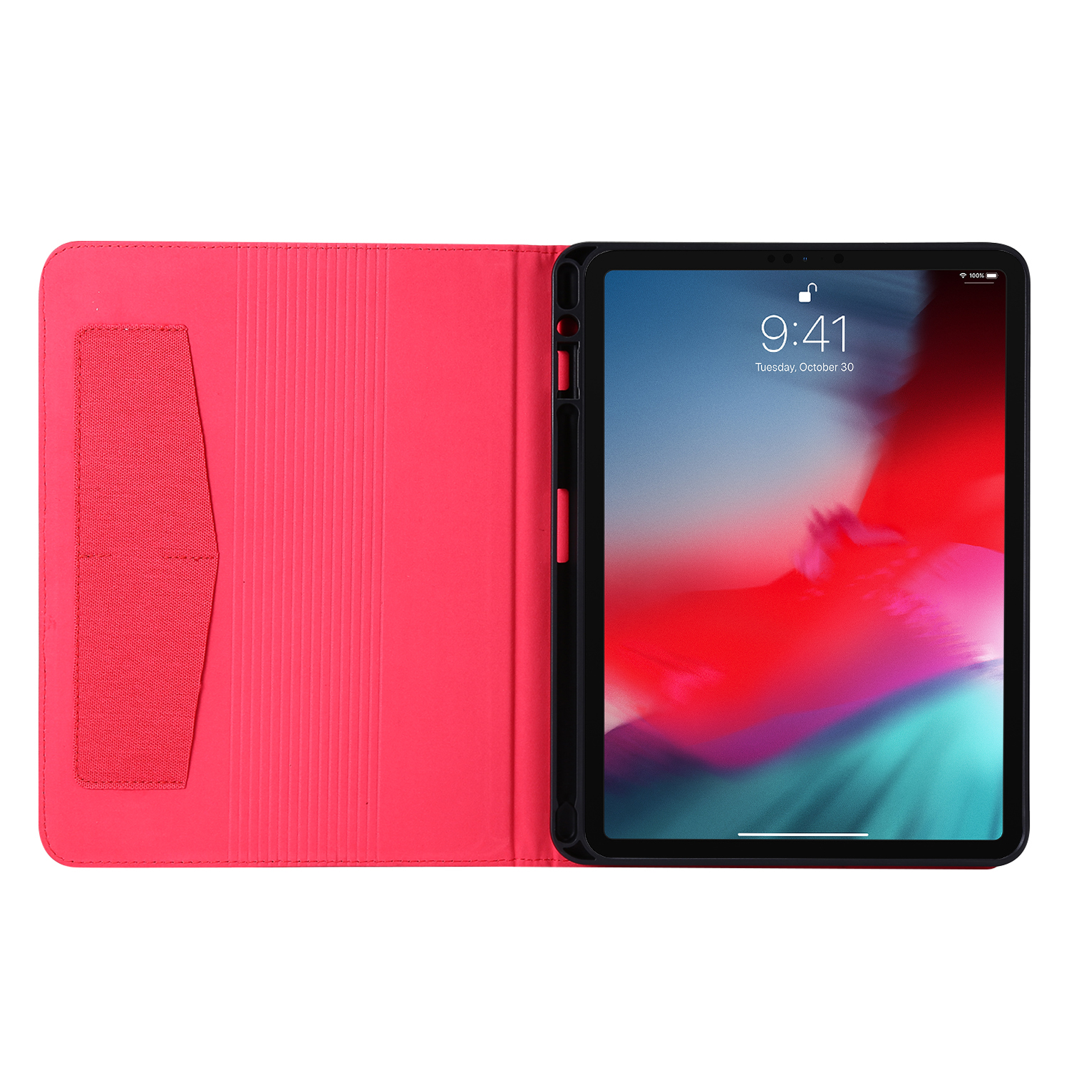 Tablet mit roter Hülle. Der Tablet-Bildschirm ist sichtbar.