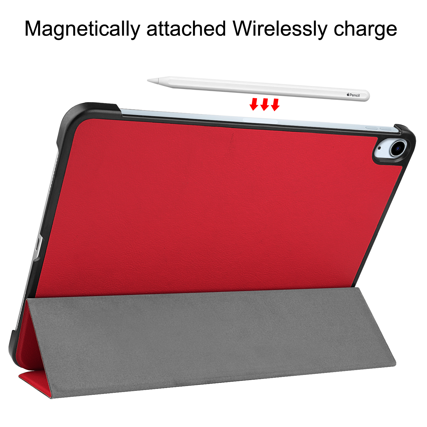 Tablet mit roter Rückseite, in einem Ständer. Ein Stift ist darüber, mit Pfeilen, die das Laden anzeigen.