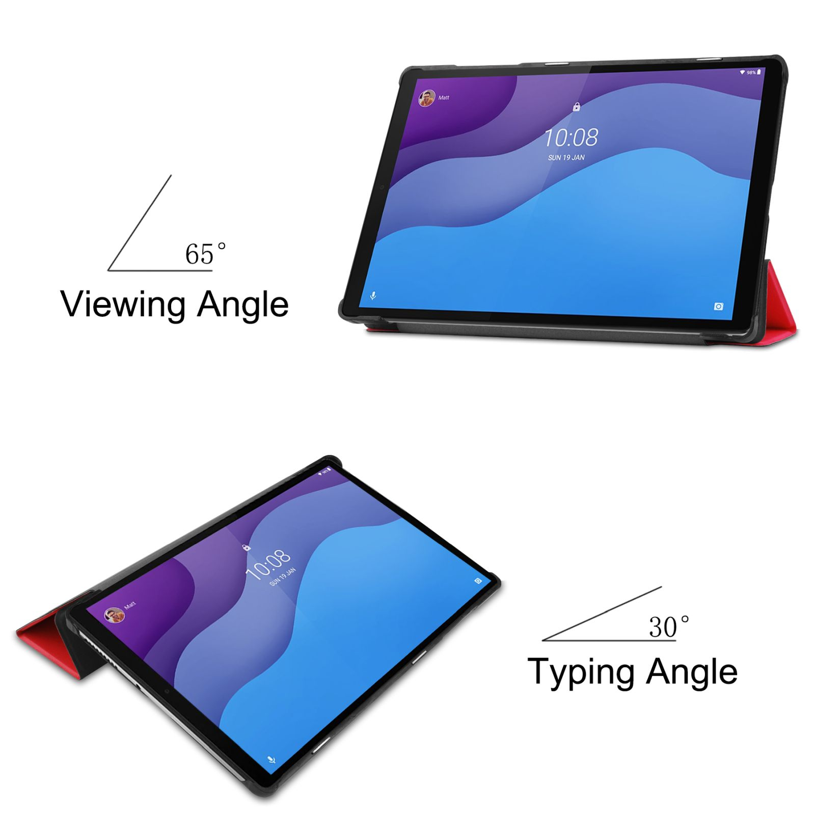 Tablet mit schwarzem Gehäuse, in 65- und 30-Grad-Winkeln dargestellt. Die Uhrzeit auf dem Bildschirm ist 10:08.