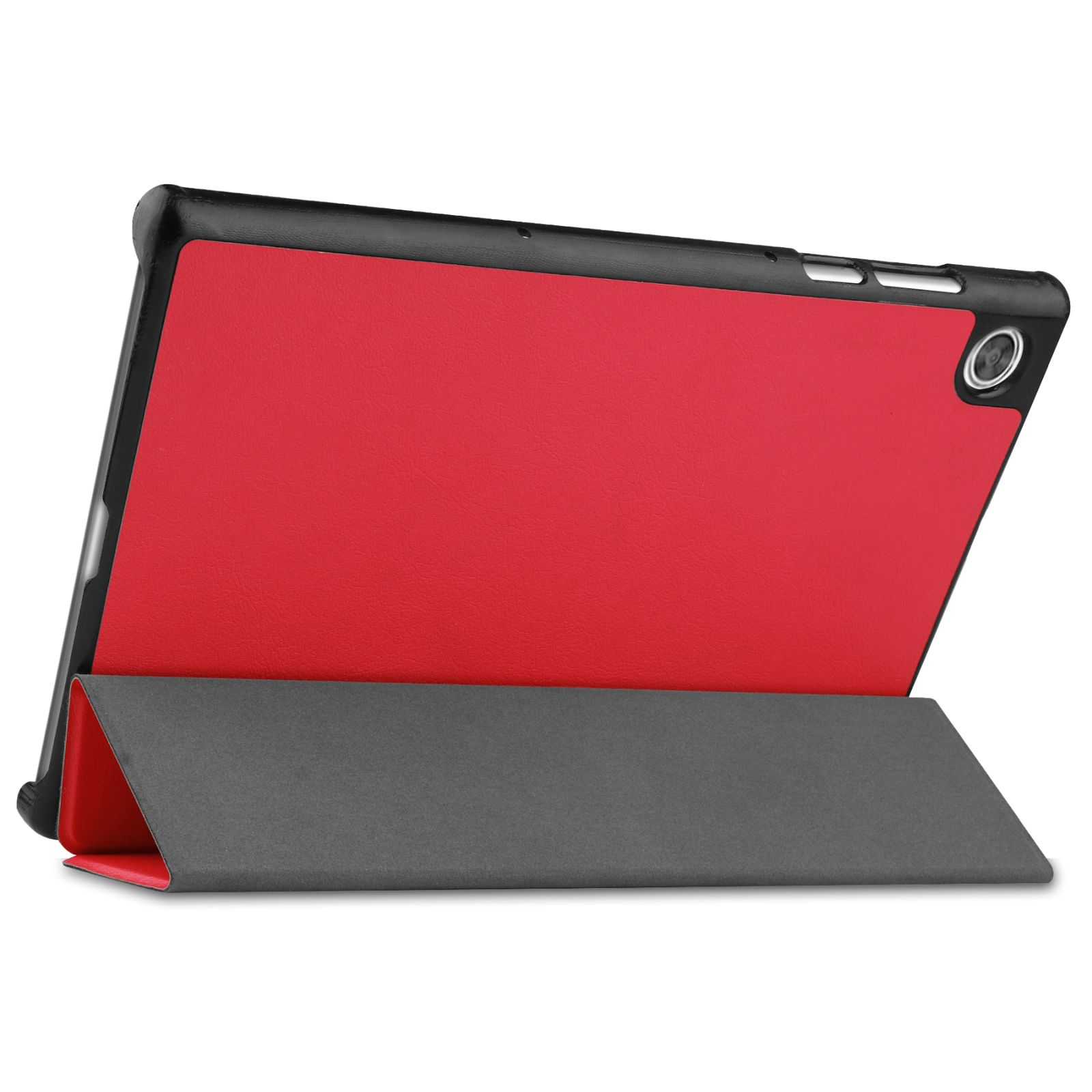 Tablet-Hülle mit roter Abdeckung und grauem Ständer. Das Tablet ist drin.