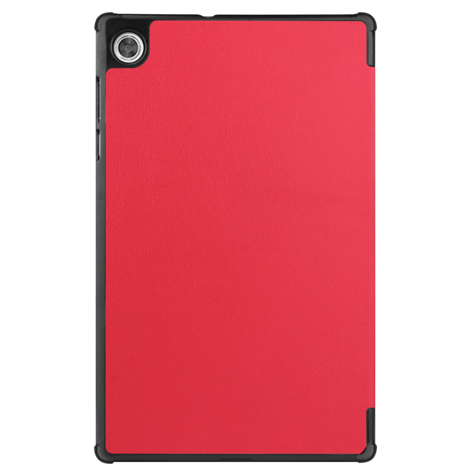 Rote Tablet-Hülle geschlossen, schwarzer Rahmen, einfaches Design, Loch oben links.