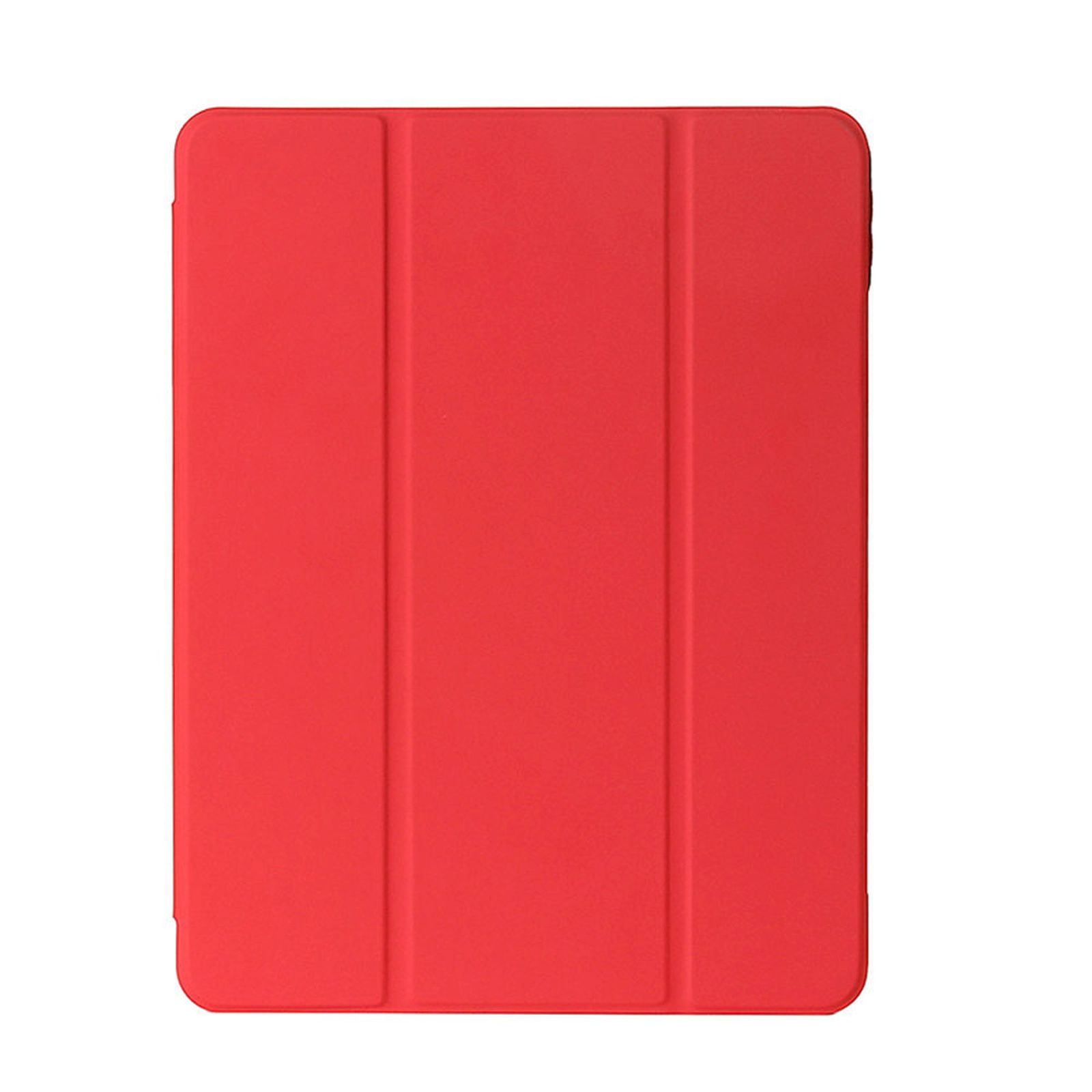 Rote Tablet-Hülle, geschlossen und rechteckig. Sie hat eine einfarbige rote Farbe. Der Hintergrund ist weiß.