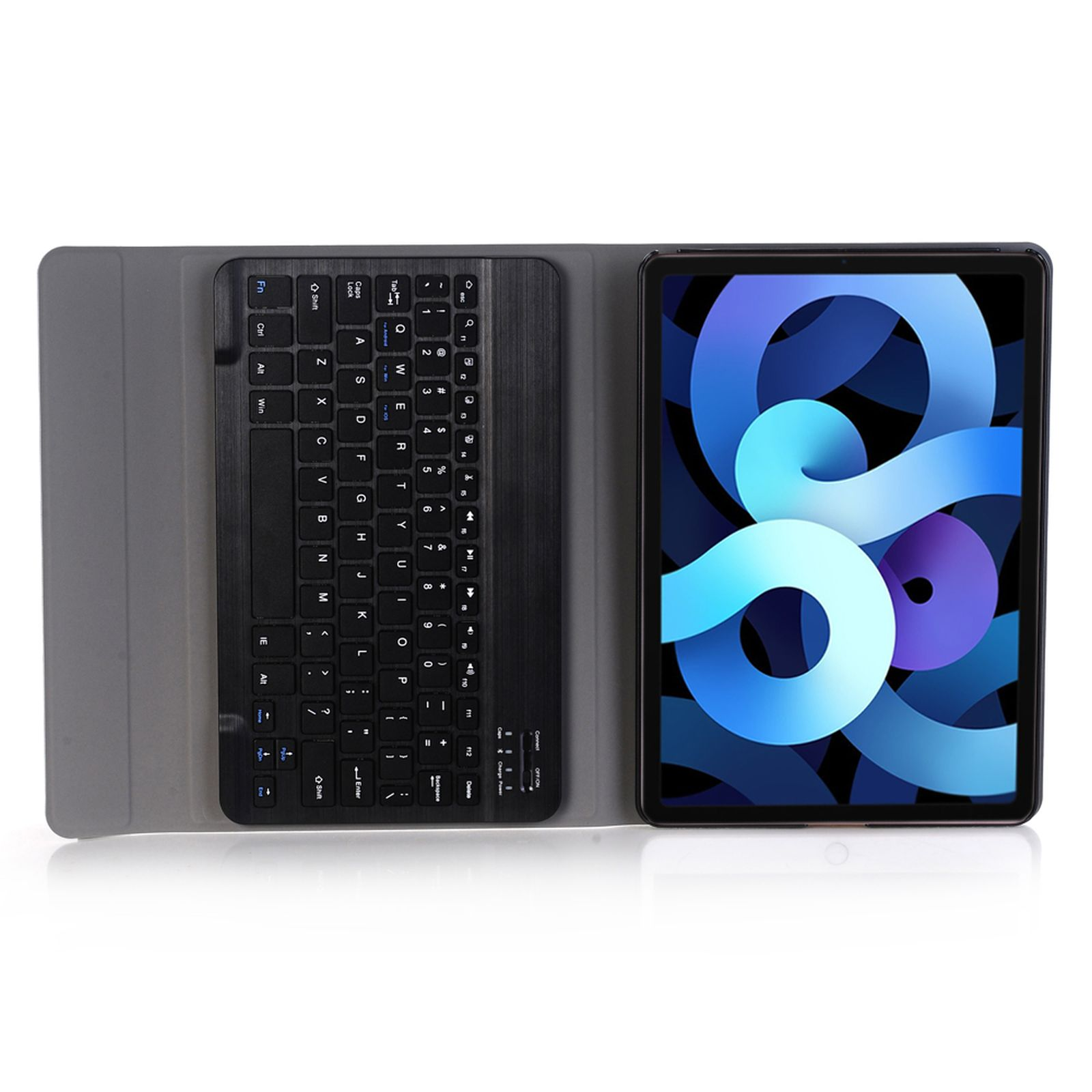 Tablet mit Tastatur, die Tastatur ist schwarz. Der Tablet-Bildschirm zeigt ein blaues Bild.