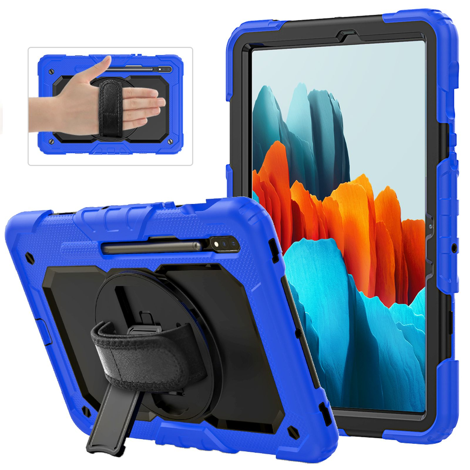 Blaue Tablet-Hülle, mehrere Ansichten, mit Handschlaufe, Stifthalter und Ständer. Schutzdesign mit schwarzen Akzenten.