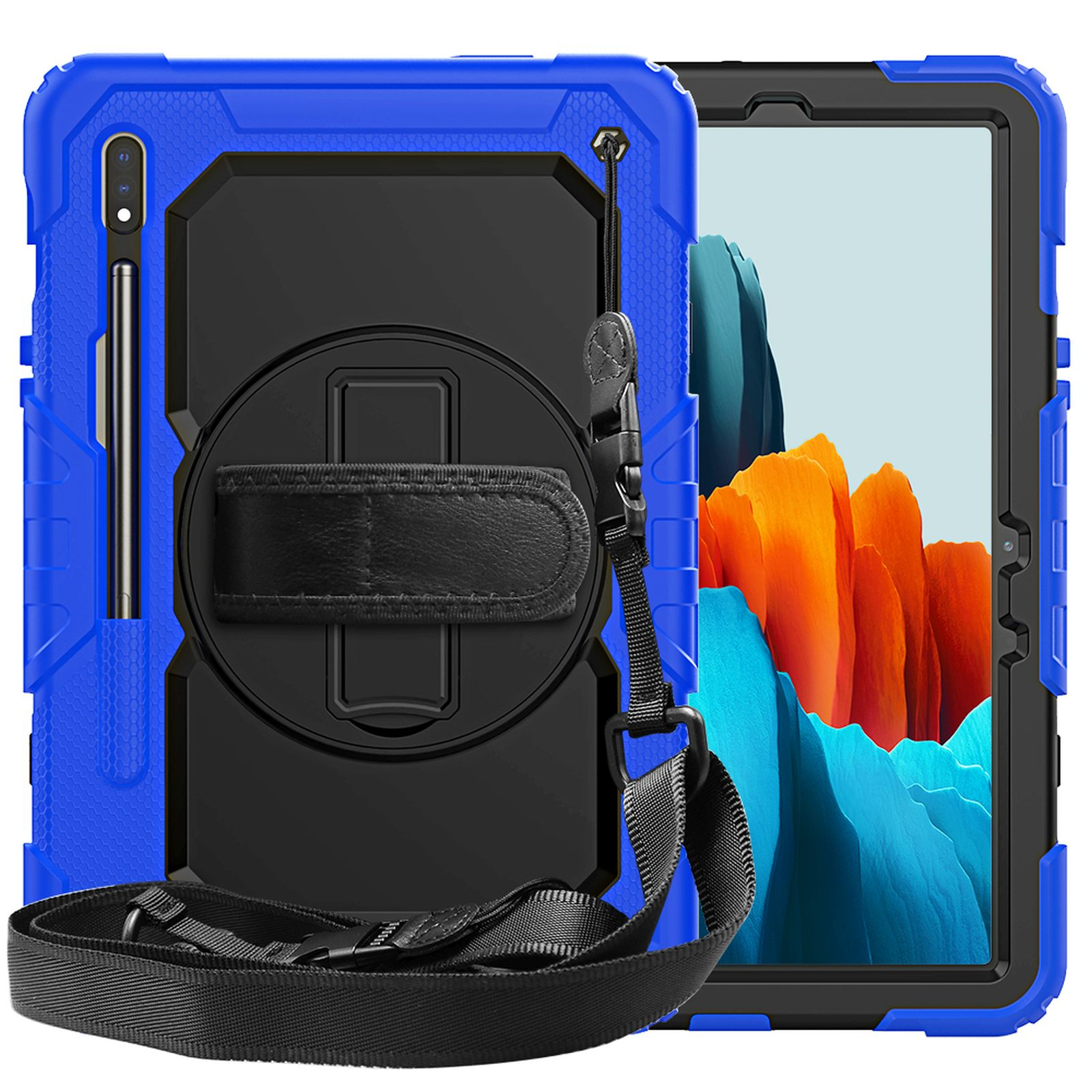 Eine blau-schwarze Tablethülle mit Riemen und Stift.