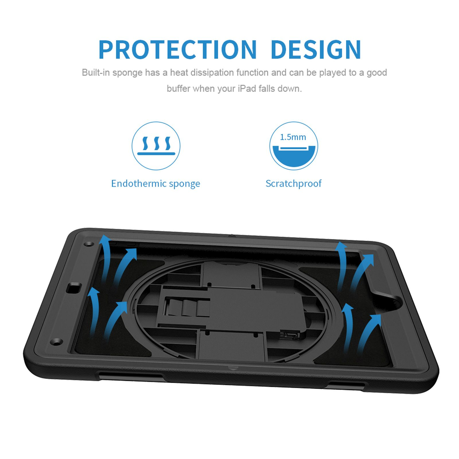Schwarze Tablet-Hülle. Innere Ansicht zeigt Komponenten mit Pfeilen, die den Luftstrom anzeigen. Text 'Protection Design'.