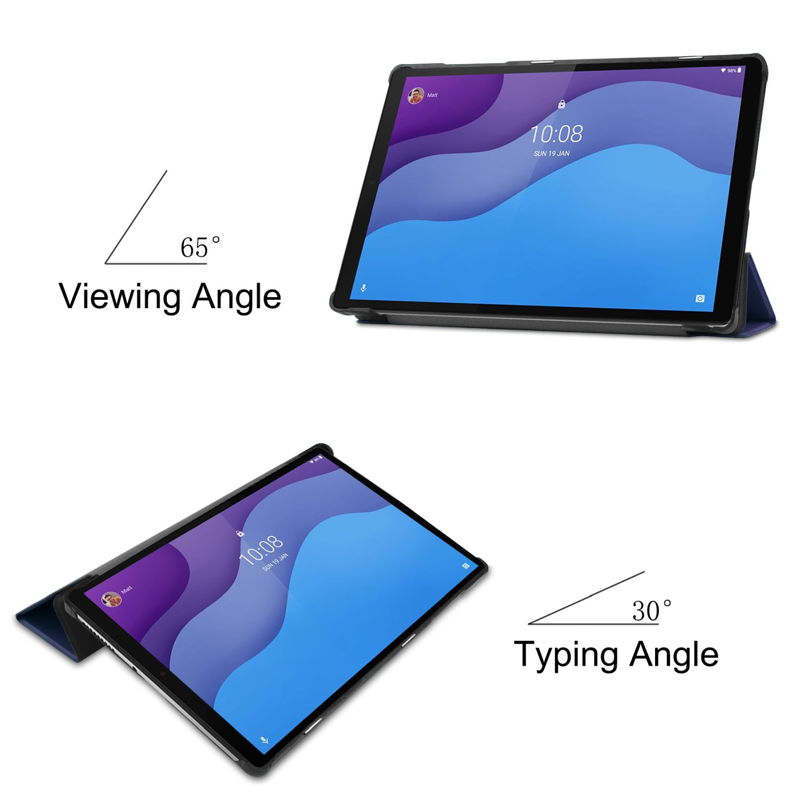 Tablet in einem Gehäuse, mit Anzeige des Betrachtungs- und Tippwinkels, zeigt Zeit und Datum an.