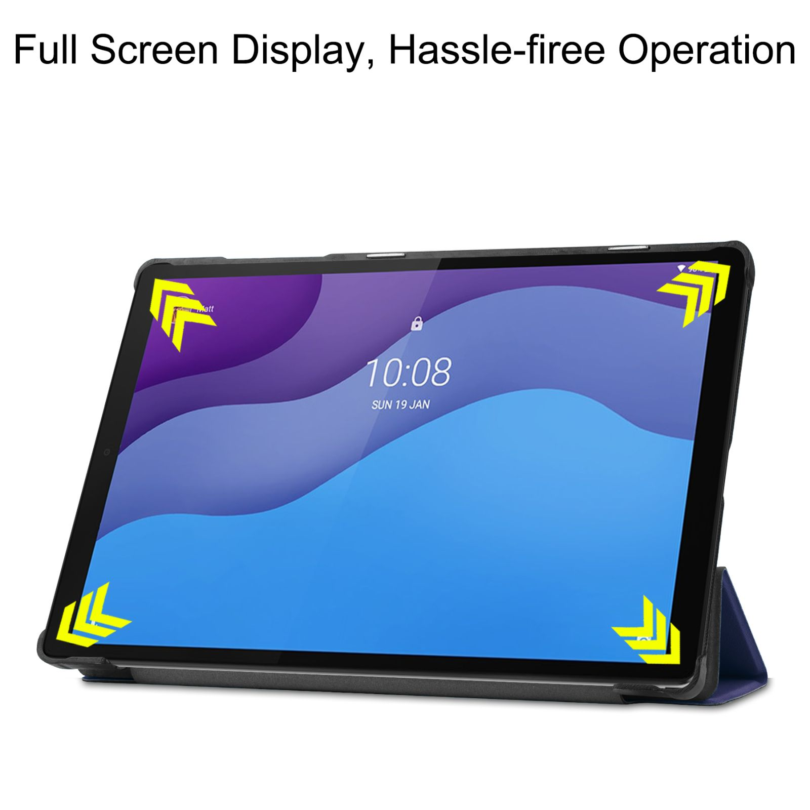 Tablet mit blauem und violettem Bildschirm, mit schwarzem Gehäuse.