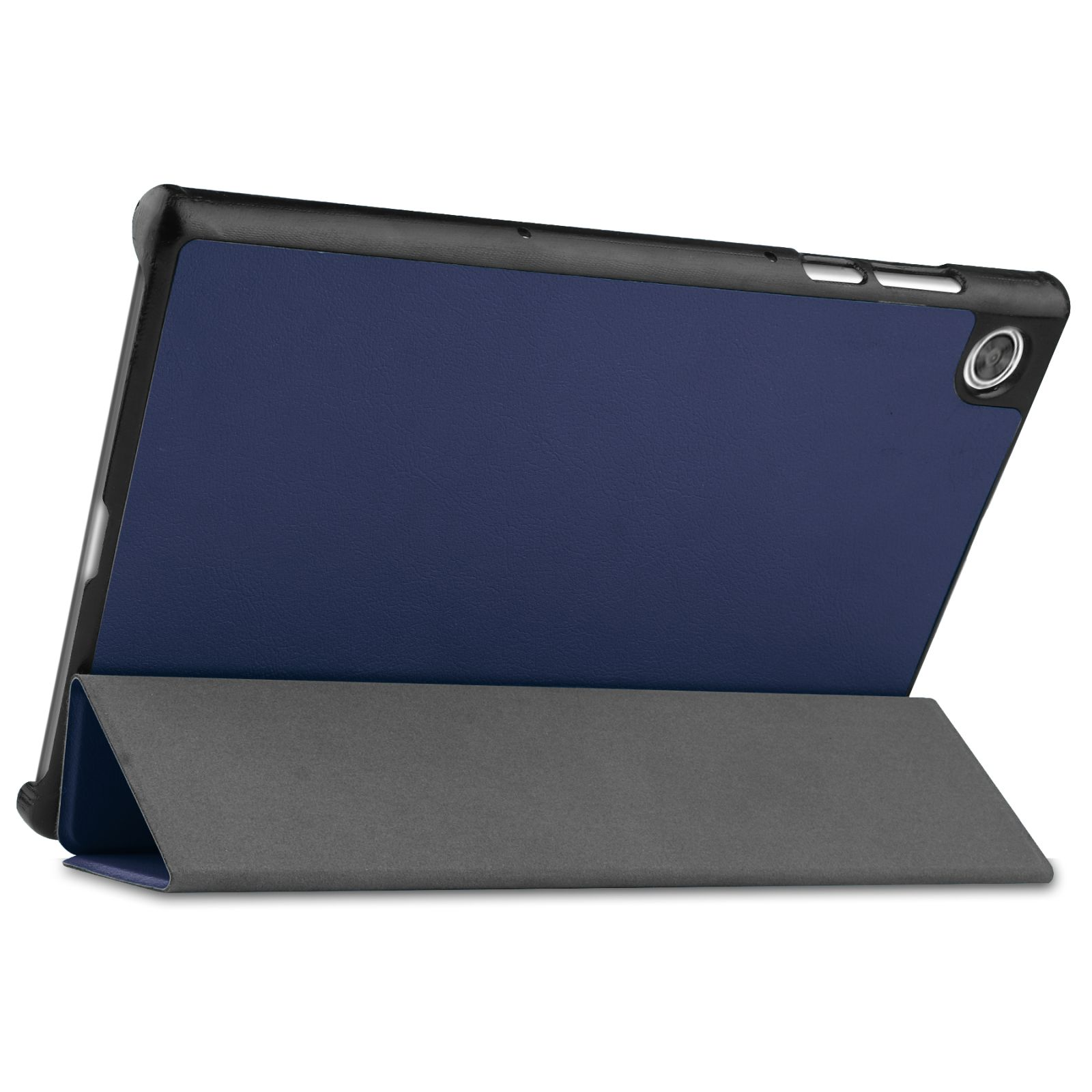 Tablet-Hülle mit dunkelblauem Rücken und grauem Ständer. Die Hülle befindet sich auf einer weißen Oberfläche.