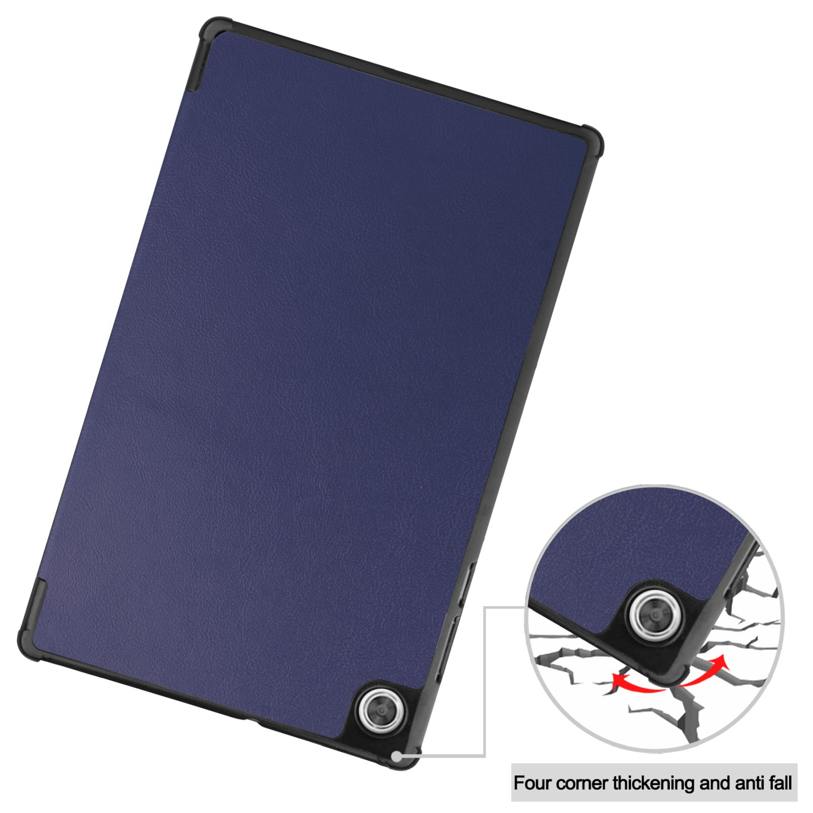 Dunkelblaue Tablet-Hülle. Nahaufnahme zeigt Eckverdickung und Anti-Fall-Funktion mit Rissen.