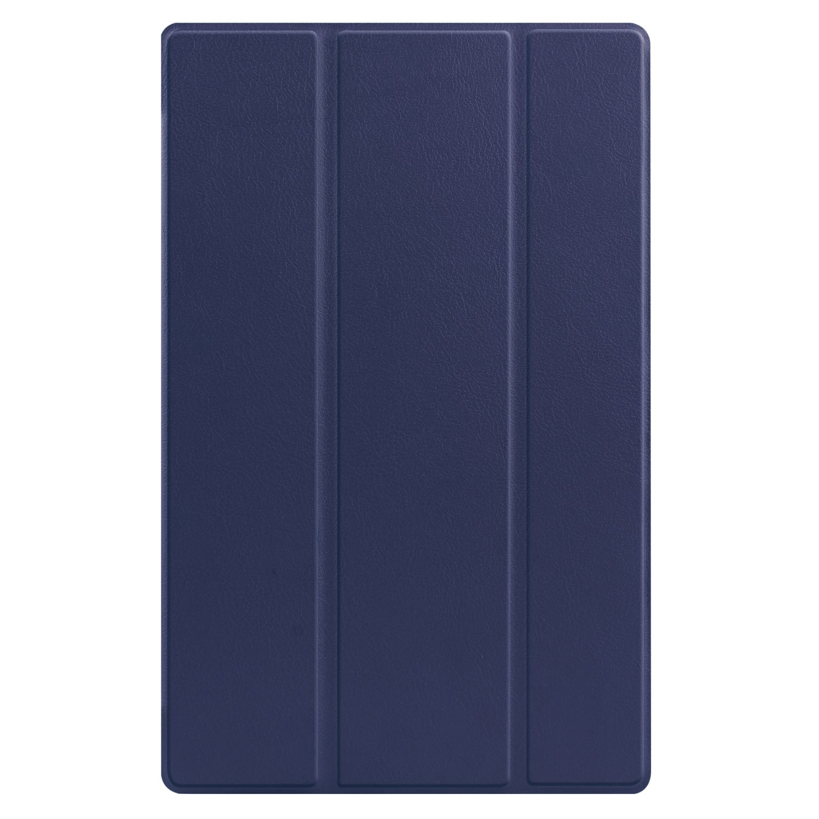Marineblaue Tablet-Hülle, geschlossen, mit drei vertikalen Falten auf der Vorderseite.