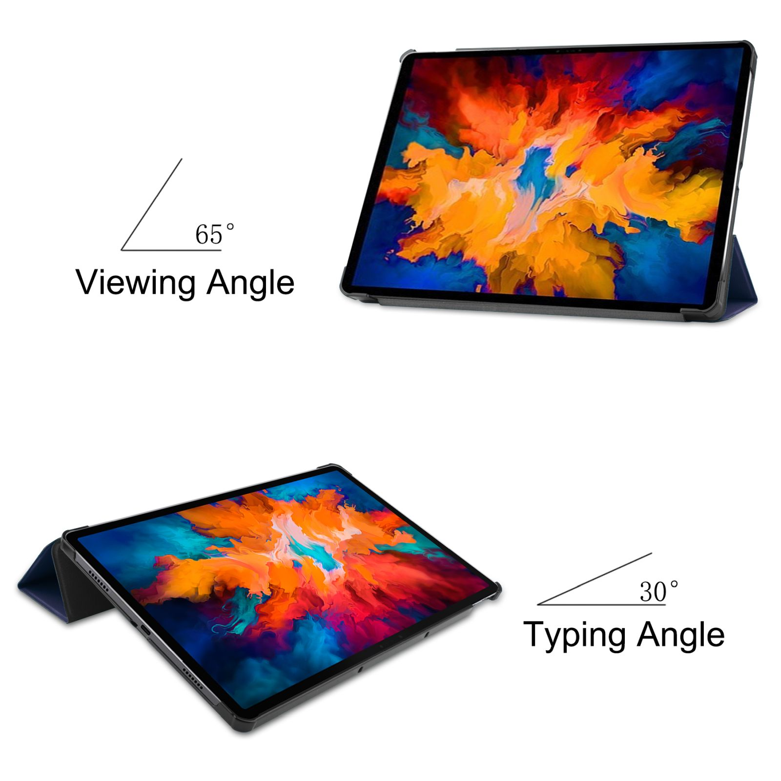 Tablet in einer Hülle in zwei Winkeln. Einer zum Ansehen und einer zum Tippen.