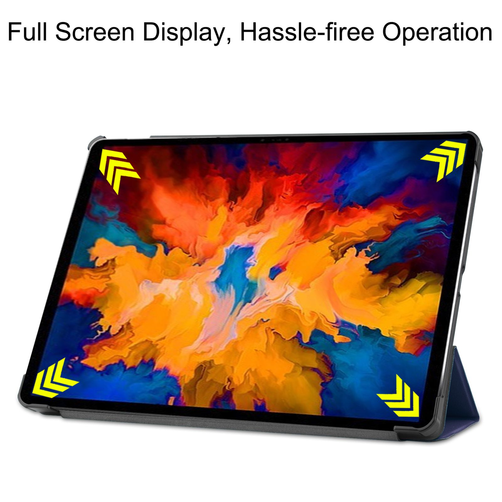 Tablet mit farbenfrohem, abstraktem Display in Hülle, mit Pfeilen.