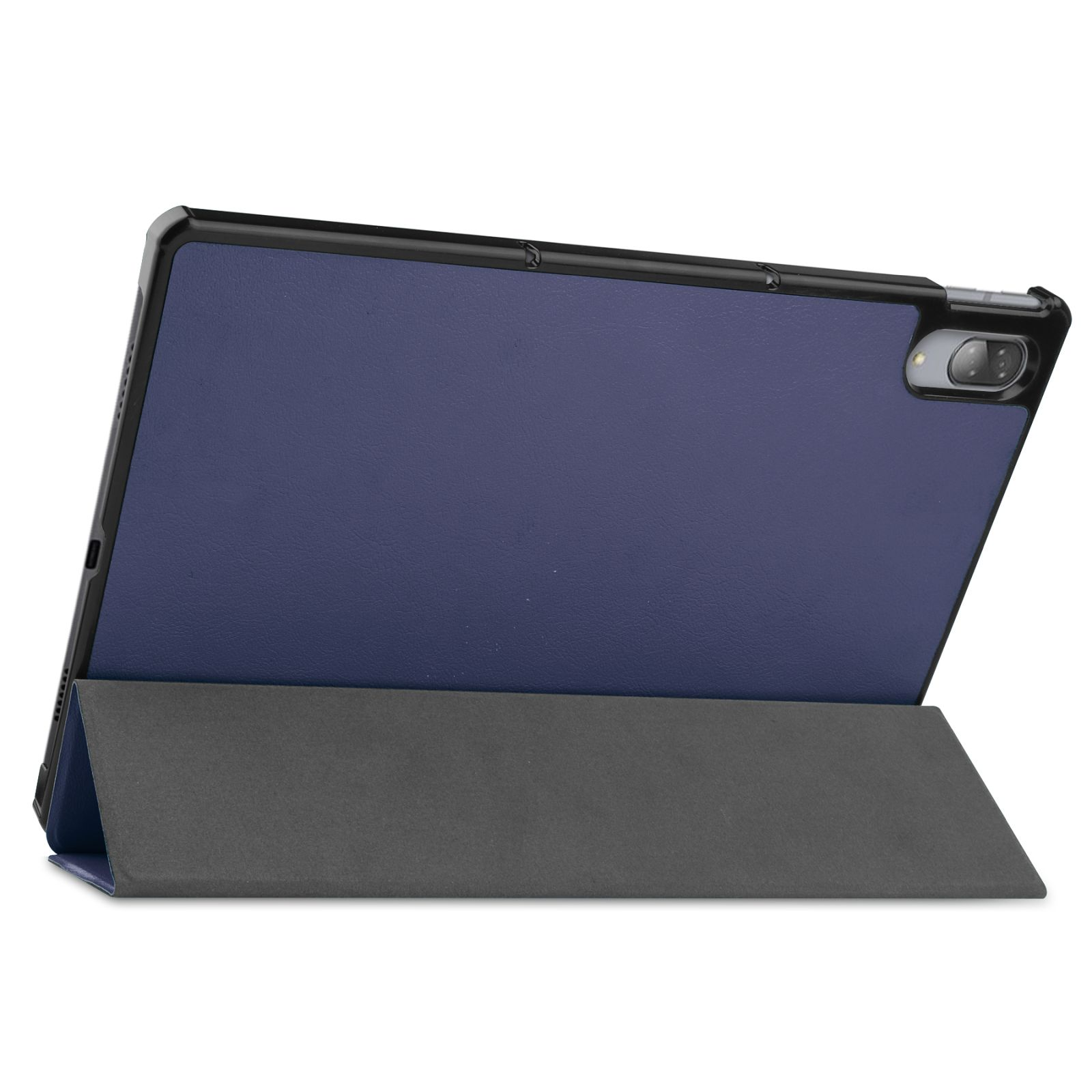 Eine marineblaue Tablethülle mit Ständer. Die Hülle ist aus Leder und hat einen schwarzen Rand.