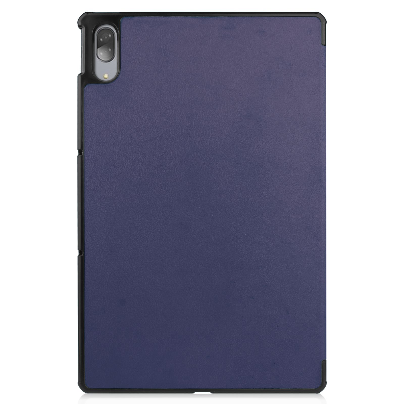 Tablet mit dunkelblauer, lederähnlicher Hülle. Die Kamera ist sichtbar. Die Hülle ist robust.