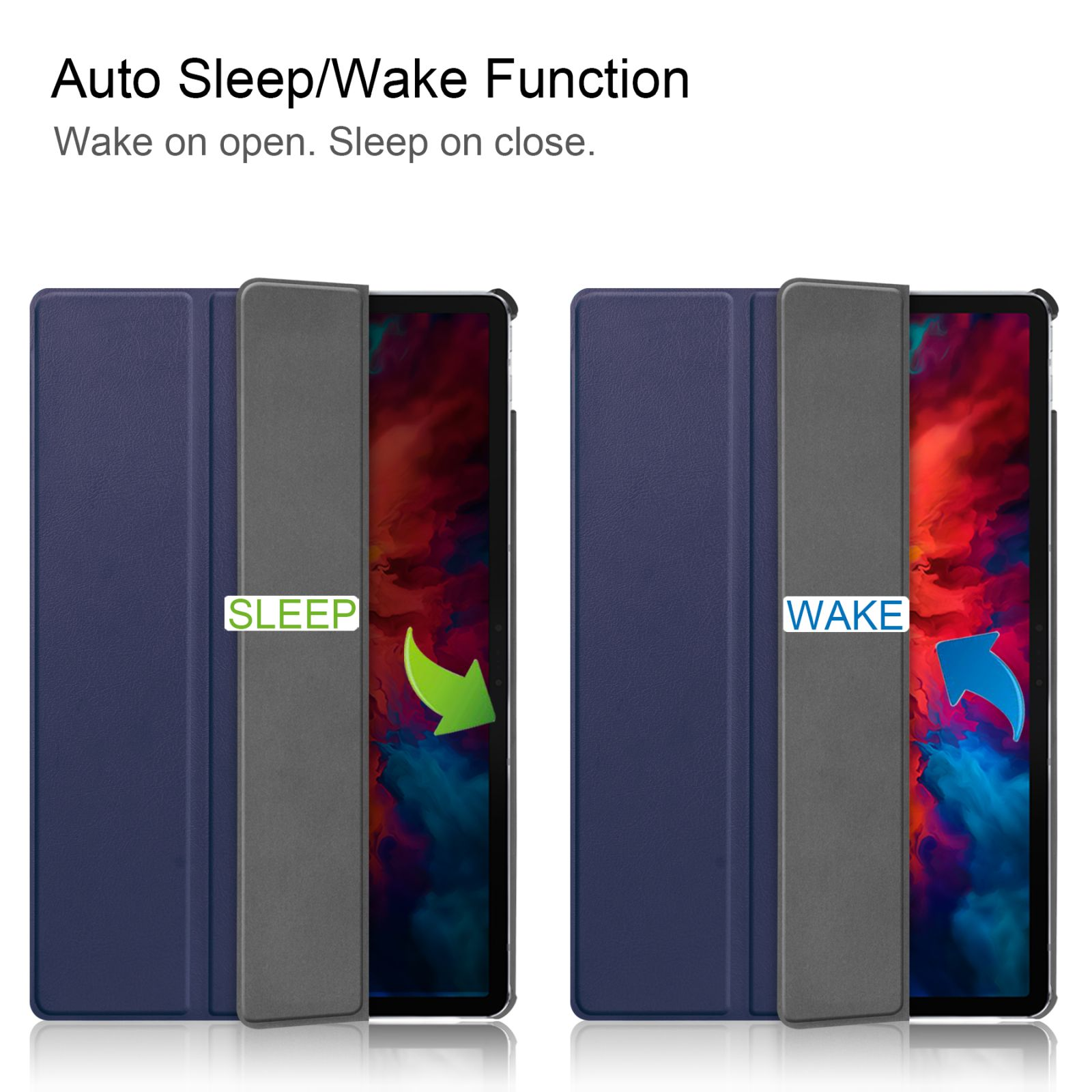 Tablet-Hülle mit geöffneter und geschlossener Position, Text: Sleep/Wake-Funktion. Blaue Hülle.