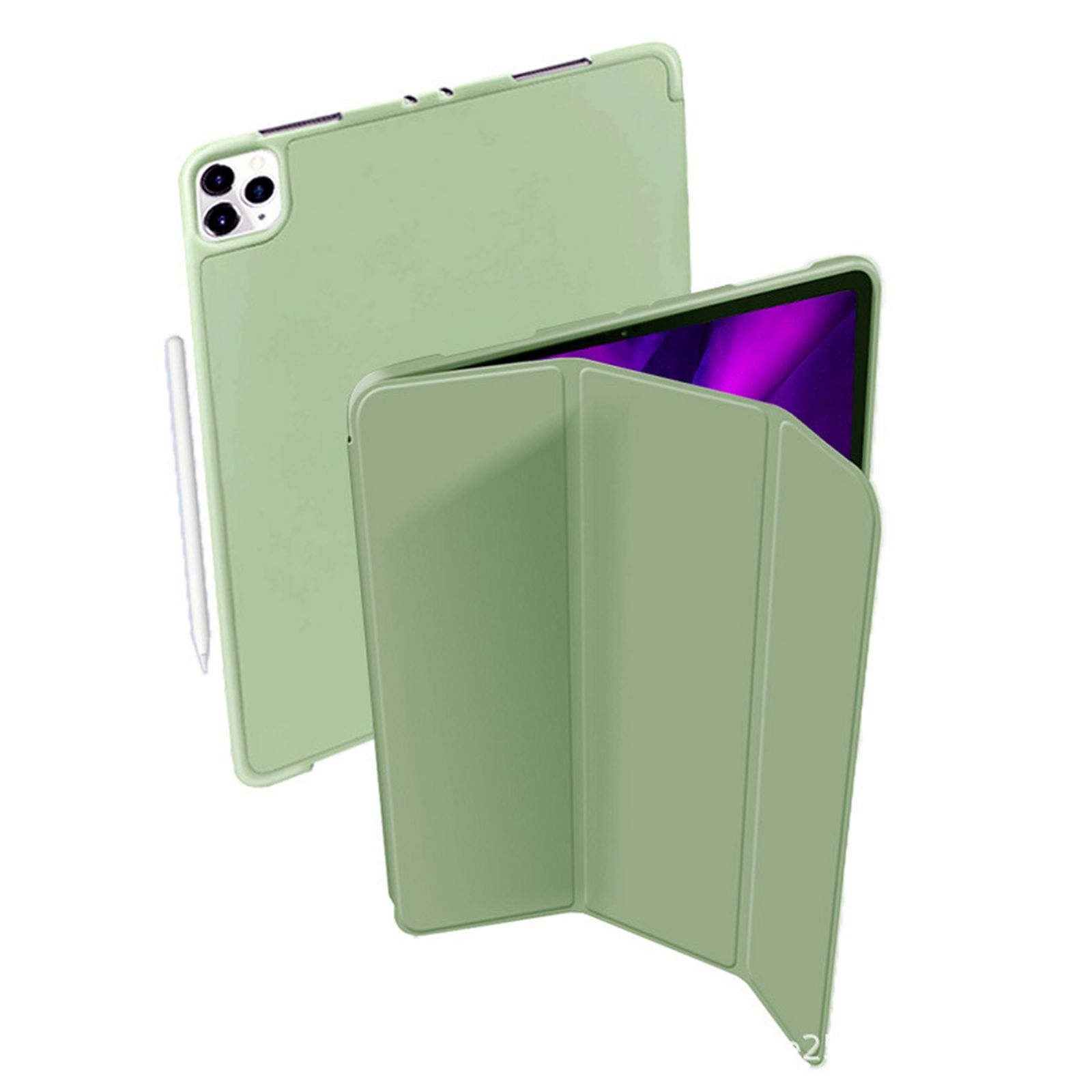 Zwei Tablet-Hüllen, eine offen. Die offene Hülle zeigt einen lila Bildschirm. Beide sind hellgrün.