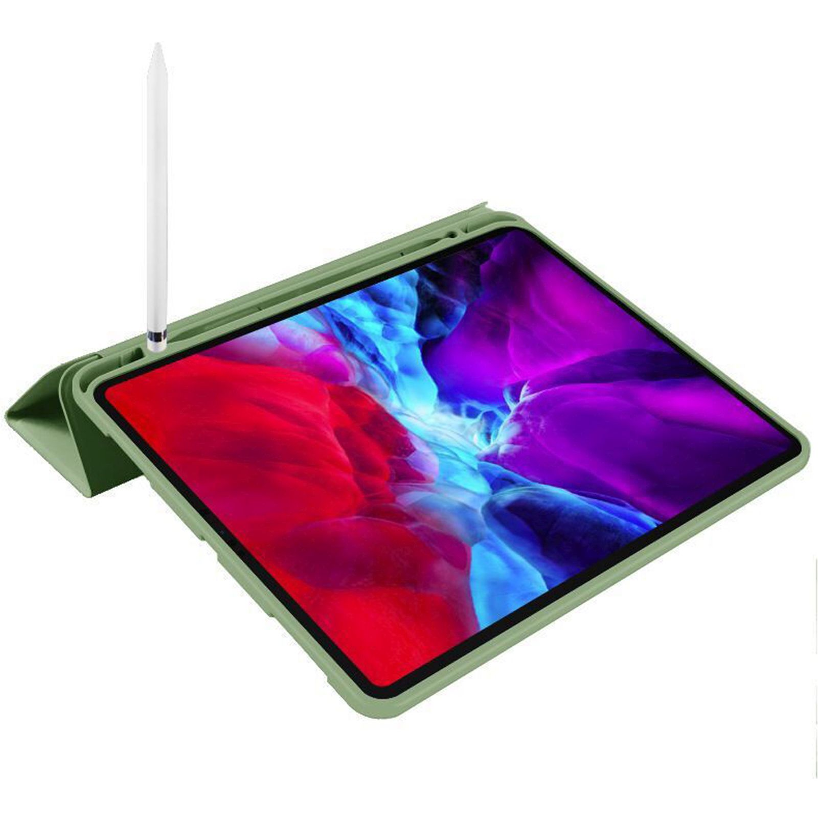 Tablet mit grüner Hülle, Stift und Ständer. Der Bildschirm hat ein farbenfrohes Bild.