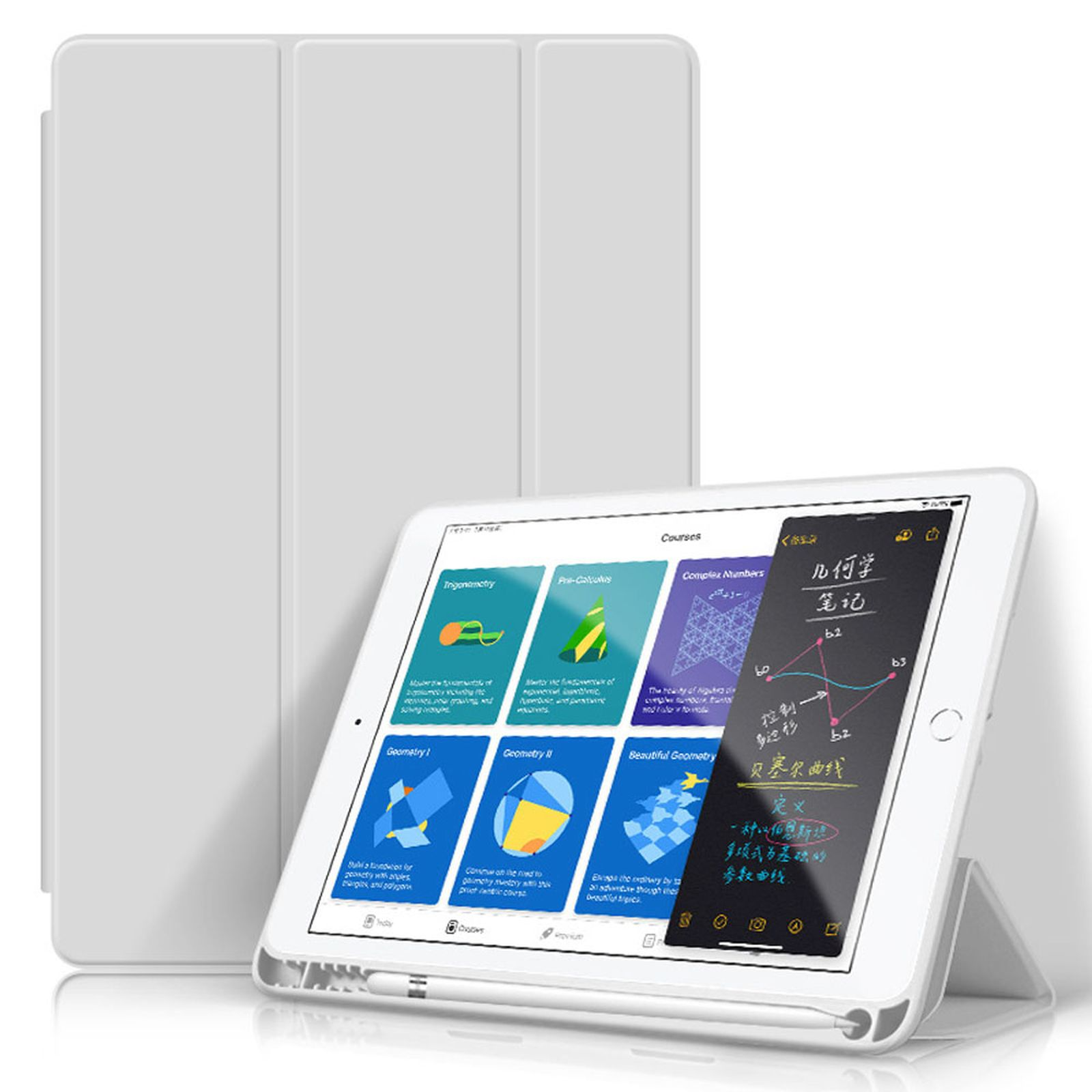 Ein weißes Tablet in einer weißen Hülle mit einem Kursdisplay und einem Stift auf dem Bildschirm.