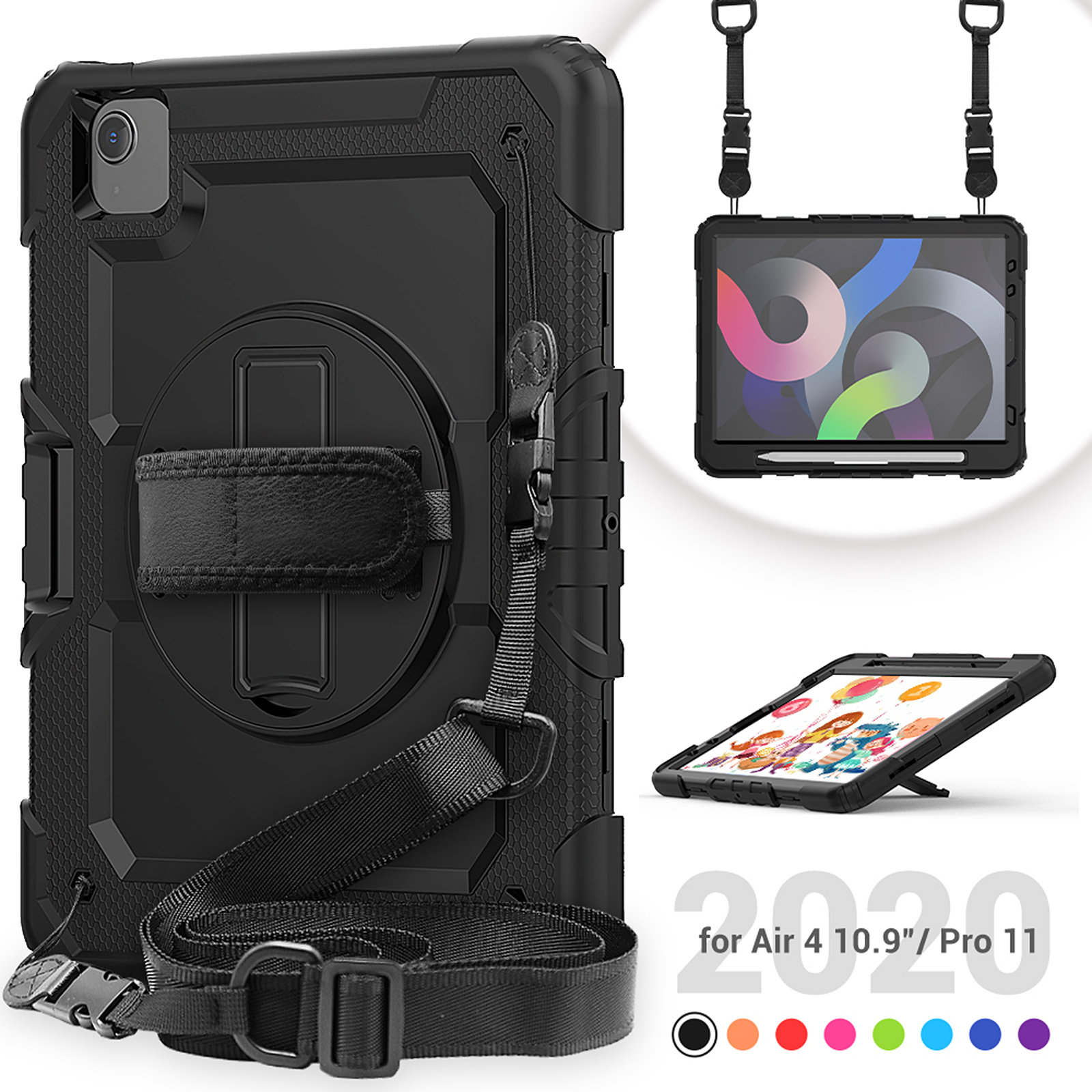 Schwarze Schutz-Tablet-Hülle mit Riemen und Ständer. Enthält Bilder von Tablets in verschiedenen Positionen.