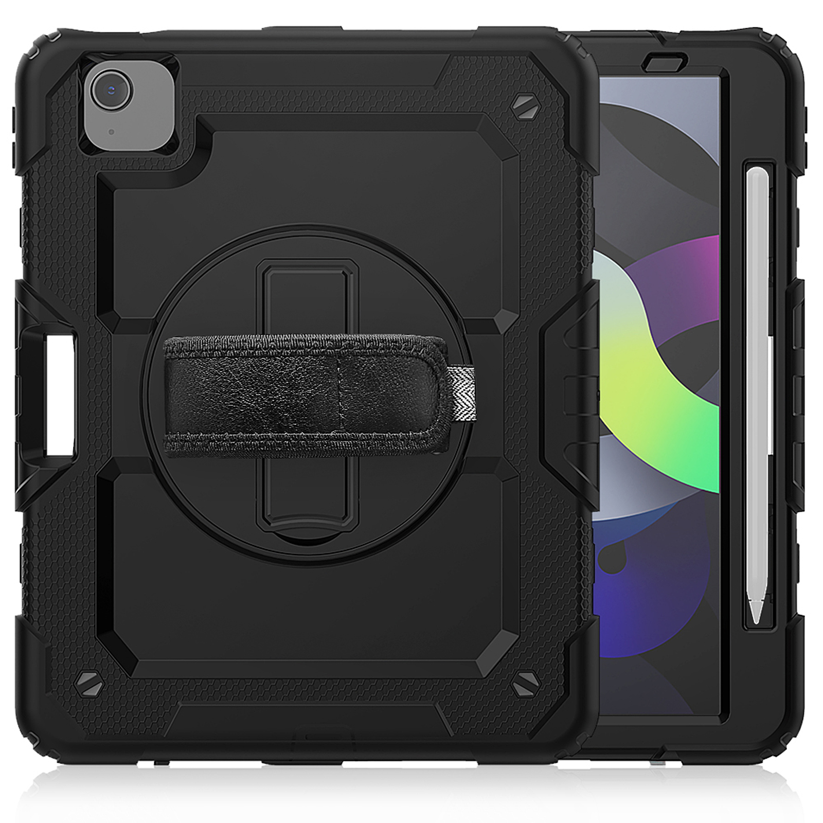 Schwarze Tablethülle mit Handschlaufe. Das Tablet zeigt einen farbenfrohen Bildschirm und einen Stifthalter.